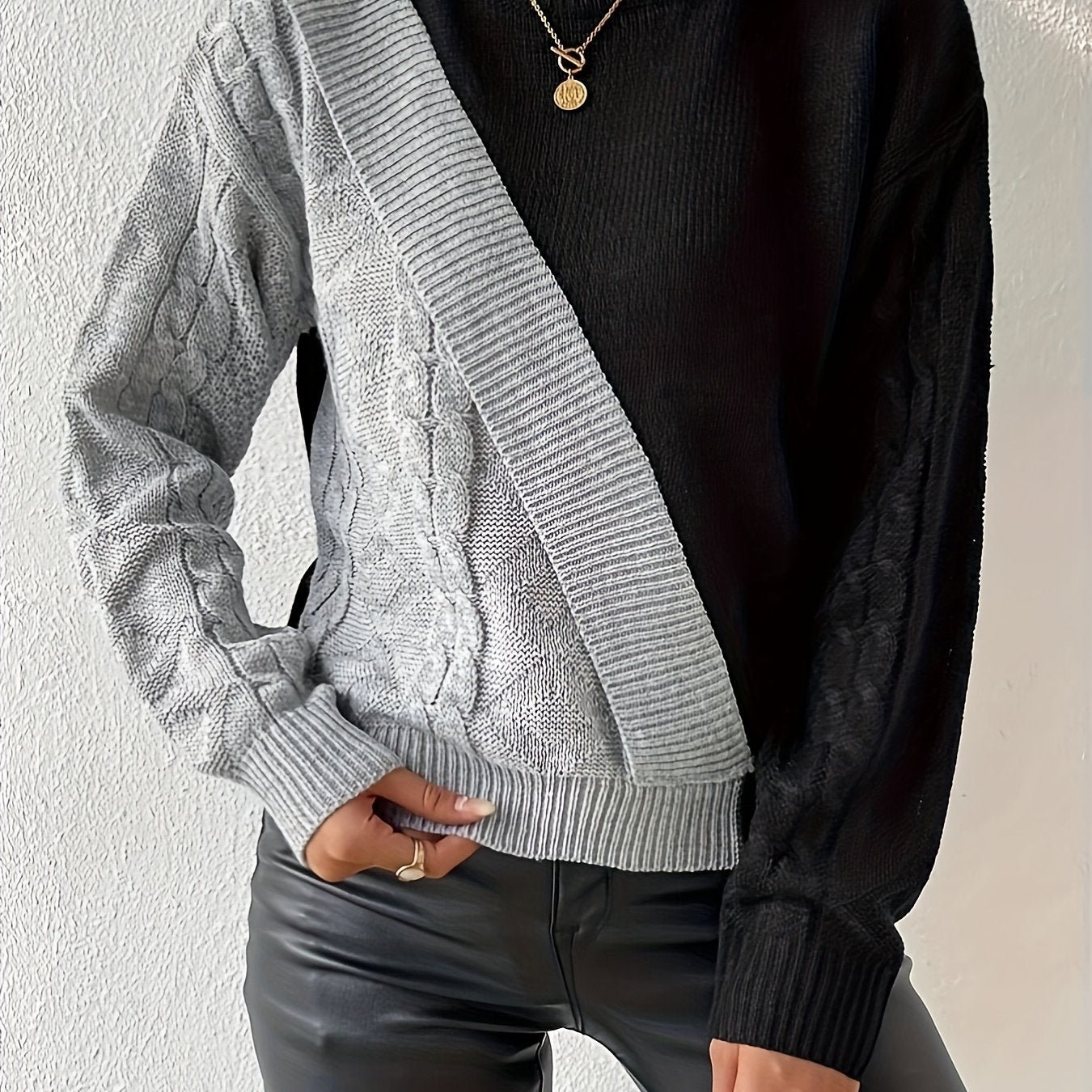 Color Block Mock Neck Pullover Sweater, Casual Long Sleeve Drop Shoulder Sweater, Women's Clothing