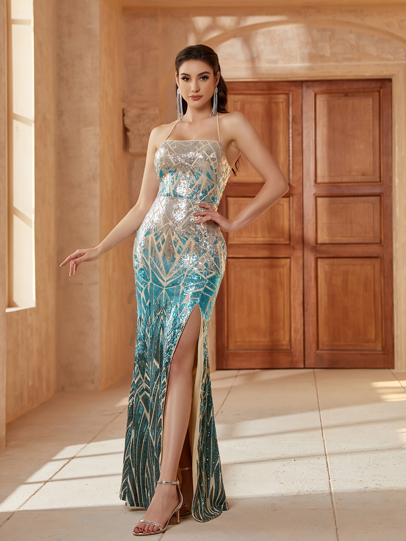 Sequin Spaghetti Strap Dress, Elegant Criss Cross Back Split Thigh Party Dress, Women's Clothing