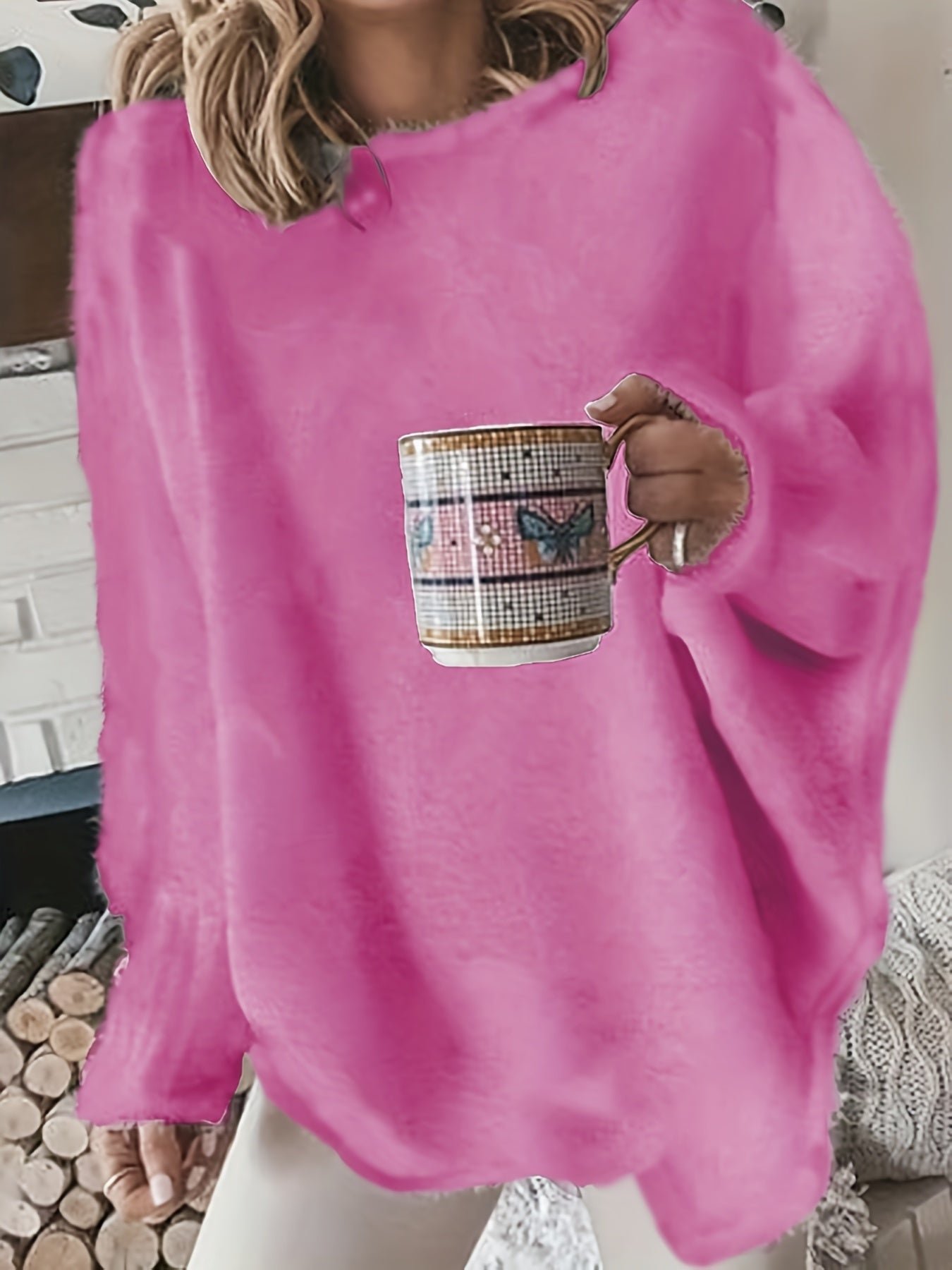 Plus Size Casual Sweater, Women's Plus Solid Fluffy Round Neck Long Sleeve Sweater