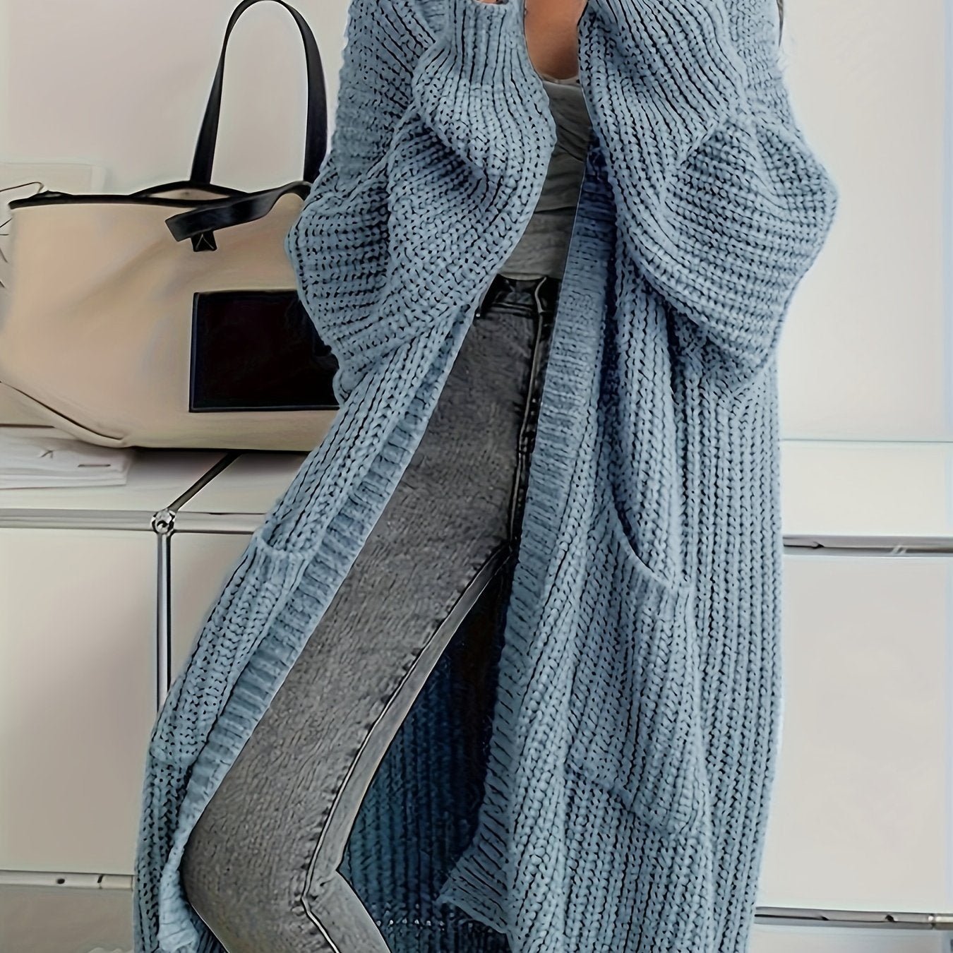 Solid Color Open Front Knitted Cardigan, Casual Long Sleeve Long Length Cardigan For Spring & Fall, Women's Clothing