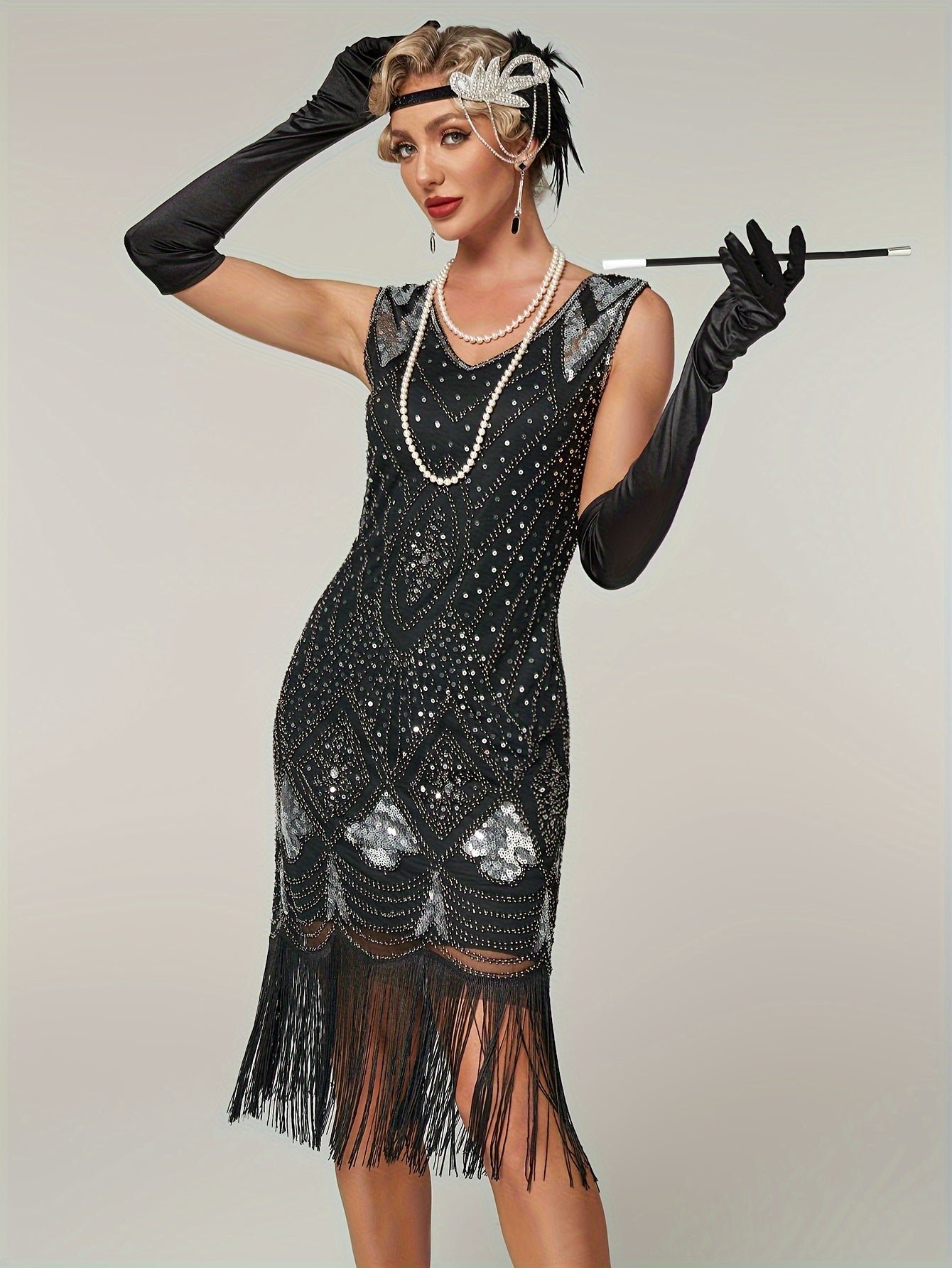 Sparkling Sequin V Neck Dress, Elegant Sleeveless Sheath Fringe Hem Dance Dress For Party & Club, Women's Clothing