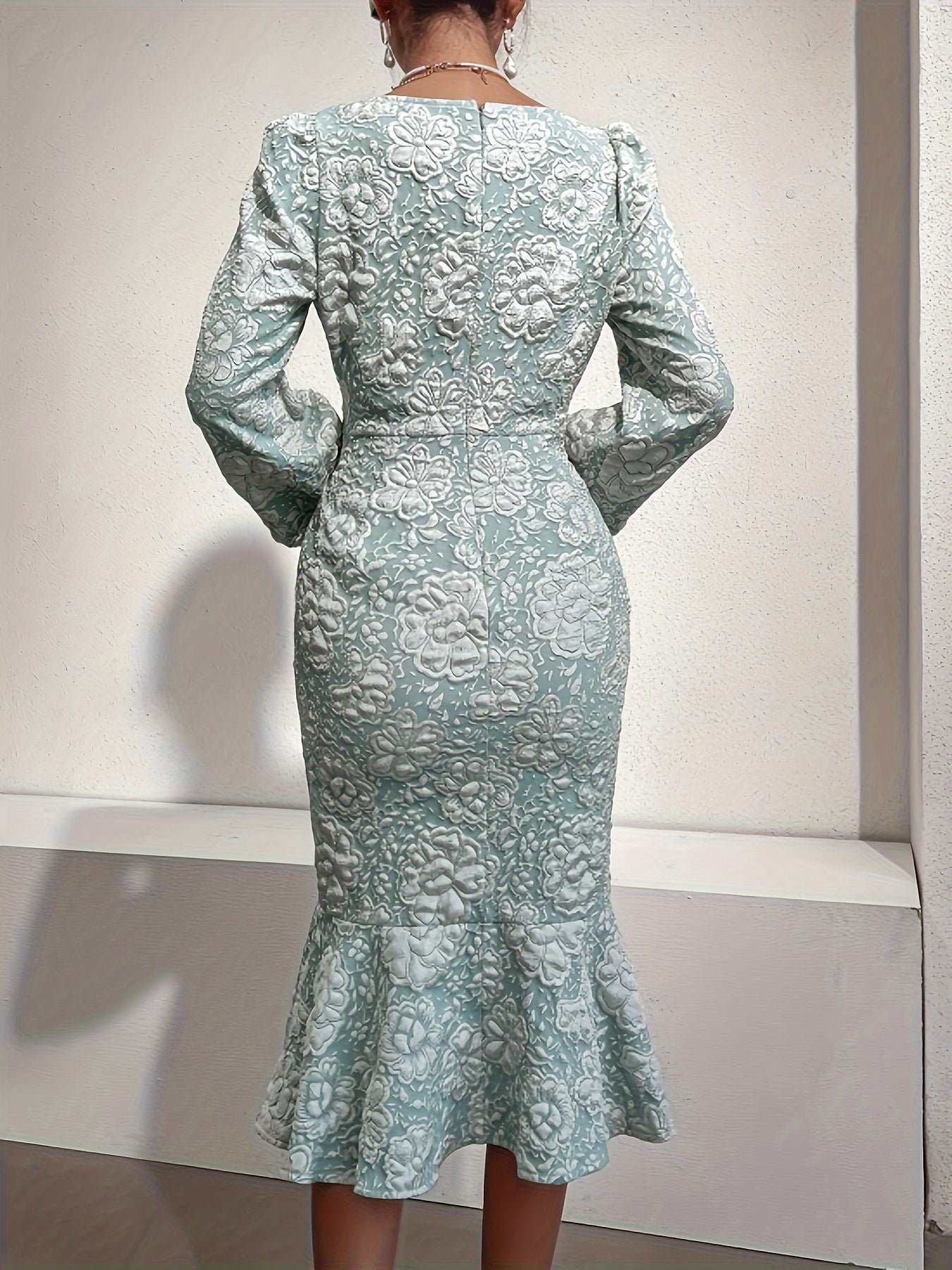 Allover Floral Print Mermaid Dress, Elegant Long Sleeve Bodycon Dress For Spring & Fall, Women's Clothing