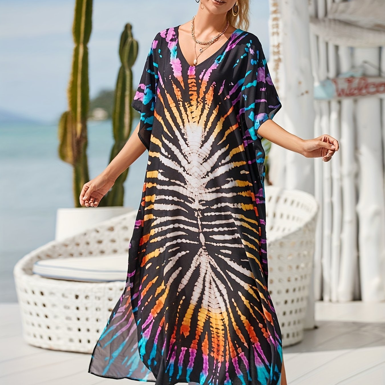 Plus Size Vacay Dress, Women's Plus Leaf Print Bat Sleeve V Neck Split Hem Cover Up Maxi Dress