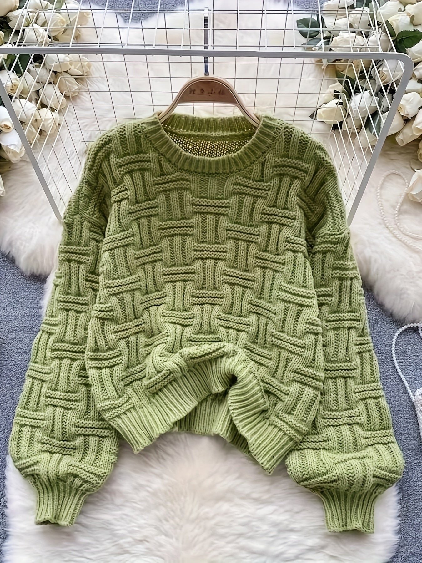 Solid Crew Neck Pullover Sweater, Casual Long Sleeve Loose Sweater For Fall & Winter, Women's Clothing