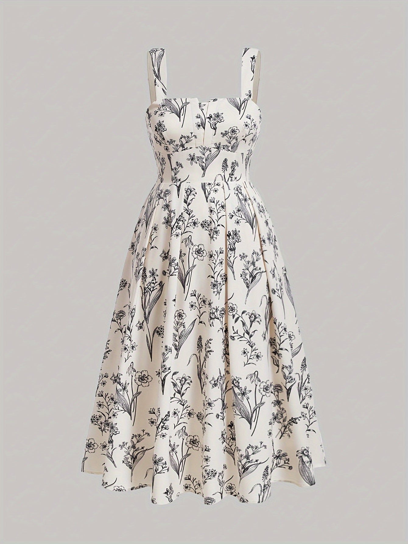 11a85f71-233c-4f98-8fab-b168cc193f15-1 Plus Size Floral Print Cinched Waist Tank Dress, Boho Shirred Back Sleeveless Square Neck Swing Dress For Spring & Summer, Women's Plus Size Clothing