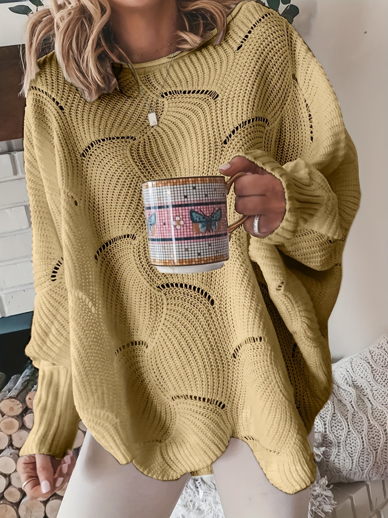 Solid Cutout Irregular Hem Knit Sweater, Casual Crew Neck Long Sleeve Pullover Sweater, Women's Clothing