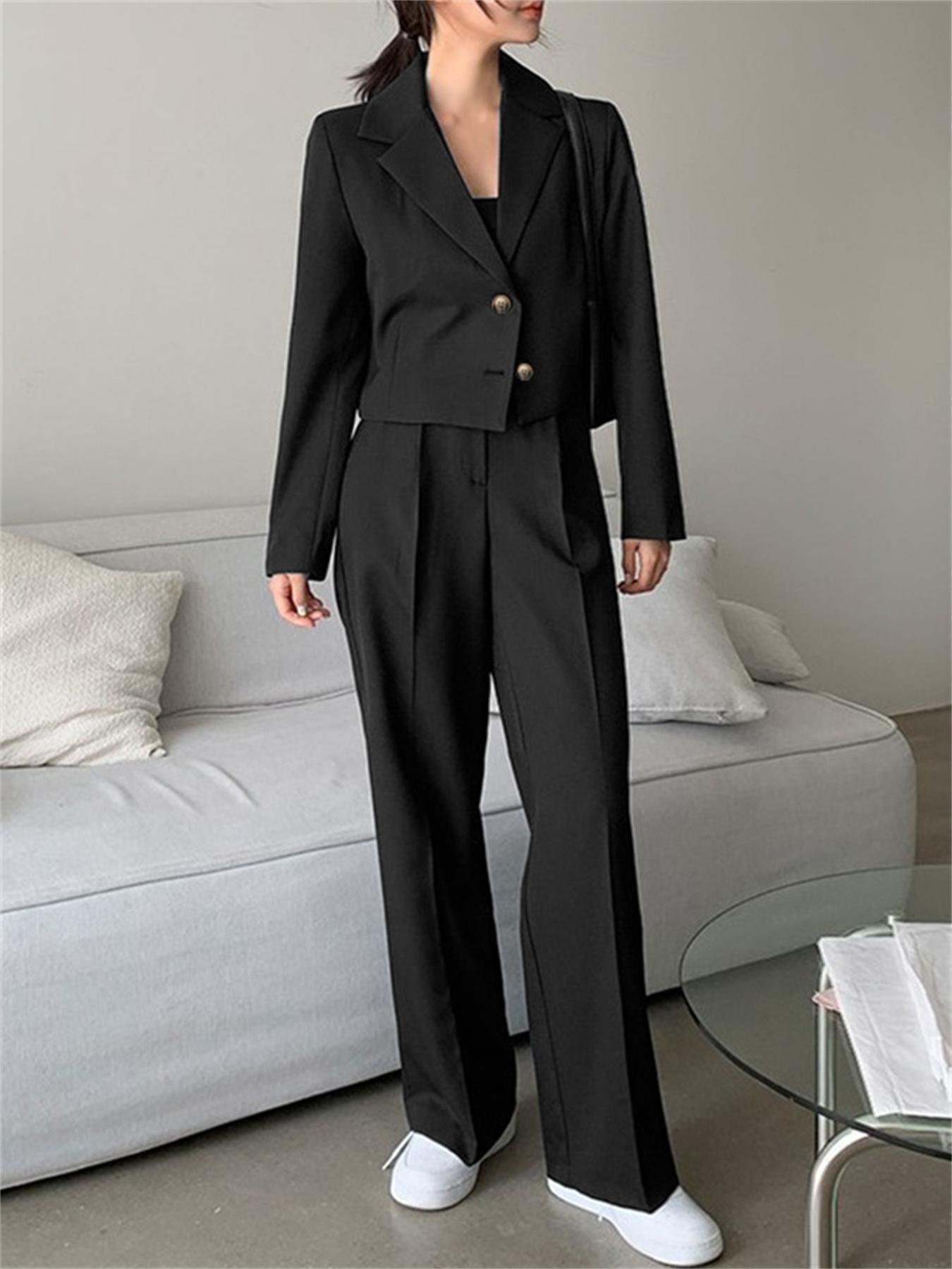 Plus Size Solid Two-piece Set, Long Sleeve Lapel Blazer & Pants Outfits, Women's Plus Size Clothing