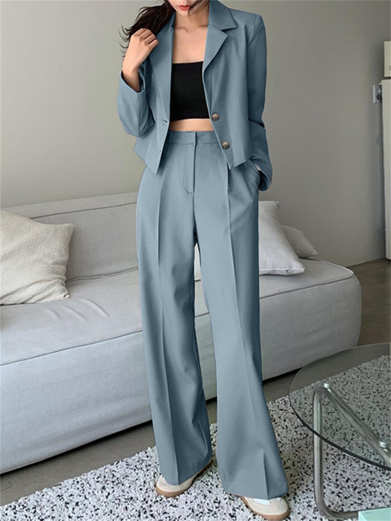Plus Size Solid Two-piece Set, Long Sleeve Lapel Blazer & Pants Outfits, Women's Plus Size Clothing