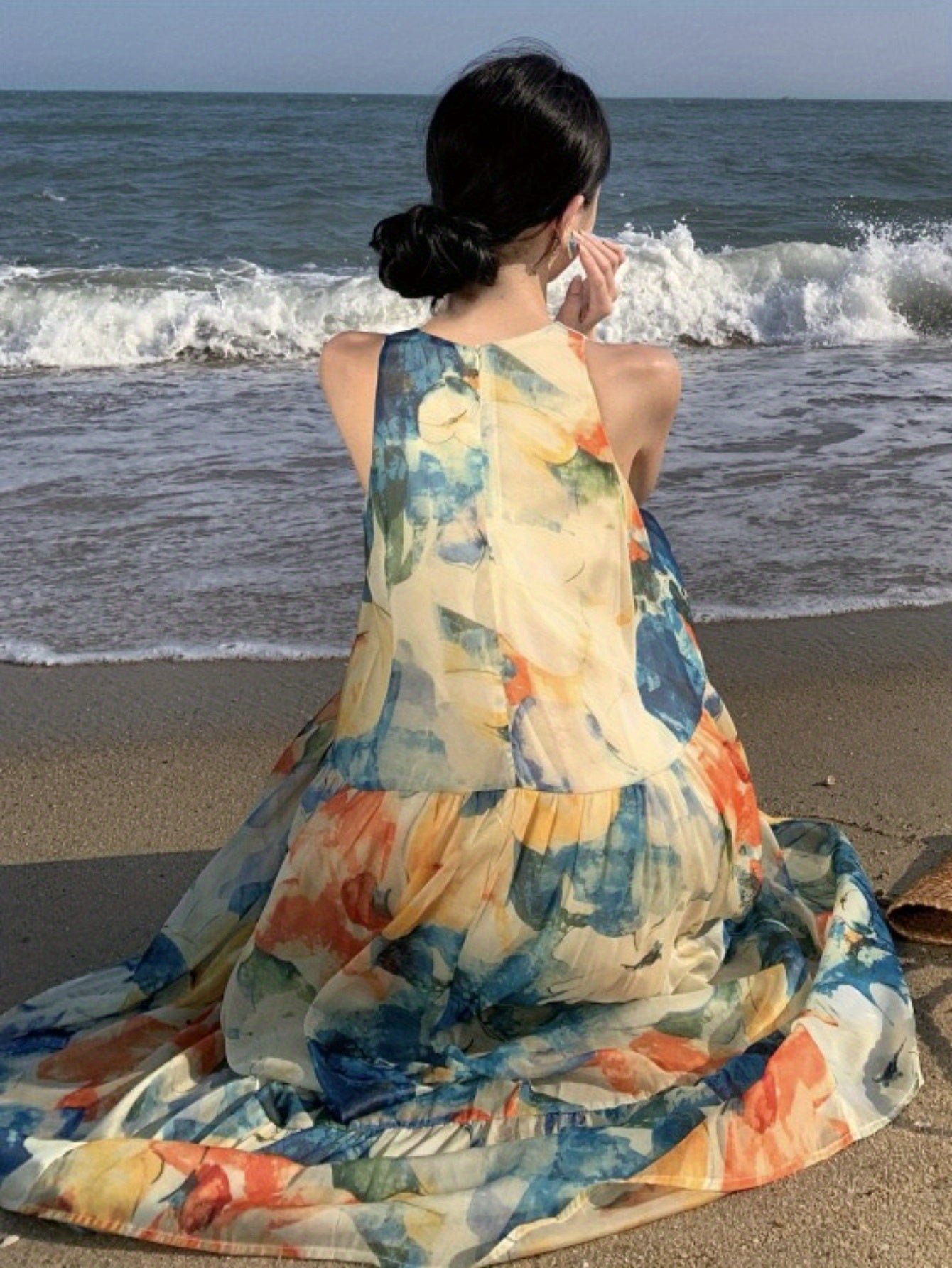 Floral Print Crew Neck Maxi Dress, Vacation Sleeveless Flared Tiered Beach Swing Dress, Women's Clothing