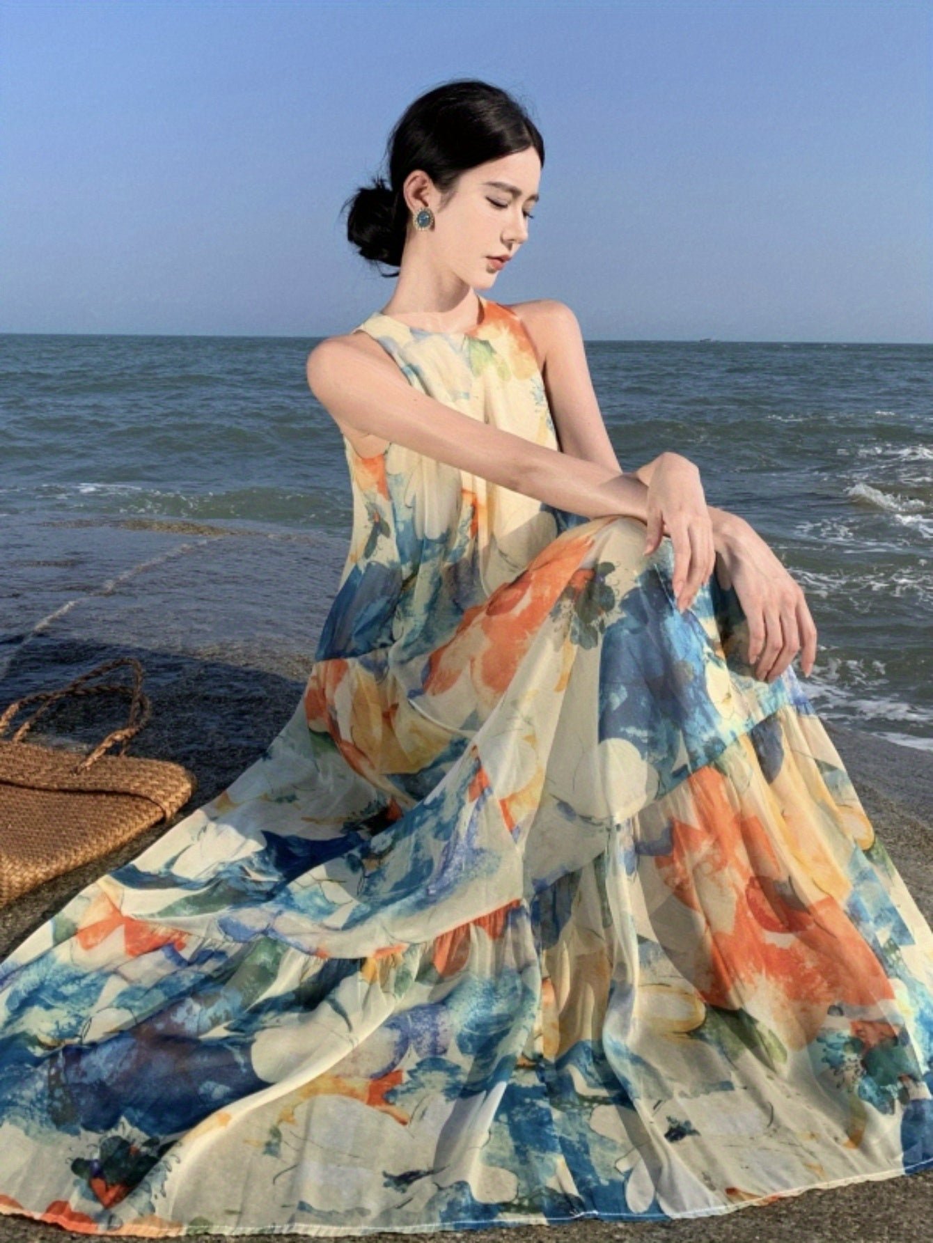 Floral Print Crew Neck Maxi Dress, Vacation Sleeveless Flared Tiered Beach Swing Dress, Women's Clothing