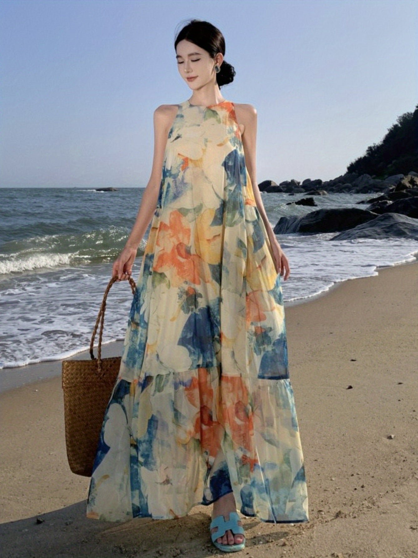 Floral Print Crew Neck Maxi Dress, Vacation Sleeveless Flared Tiered Beach Swing Dress, Women's Clothing