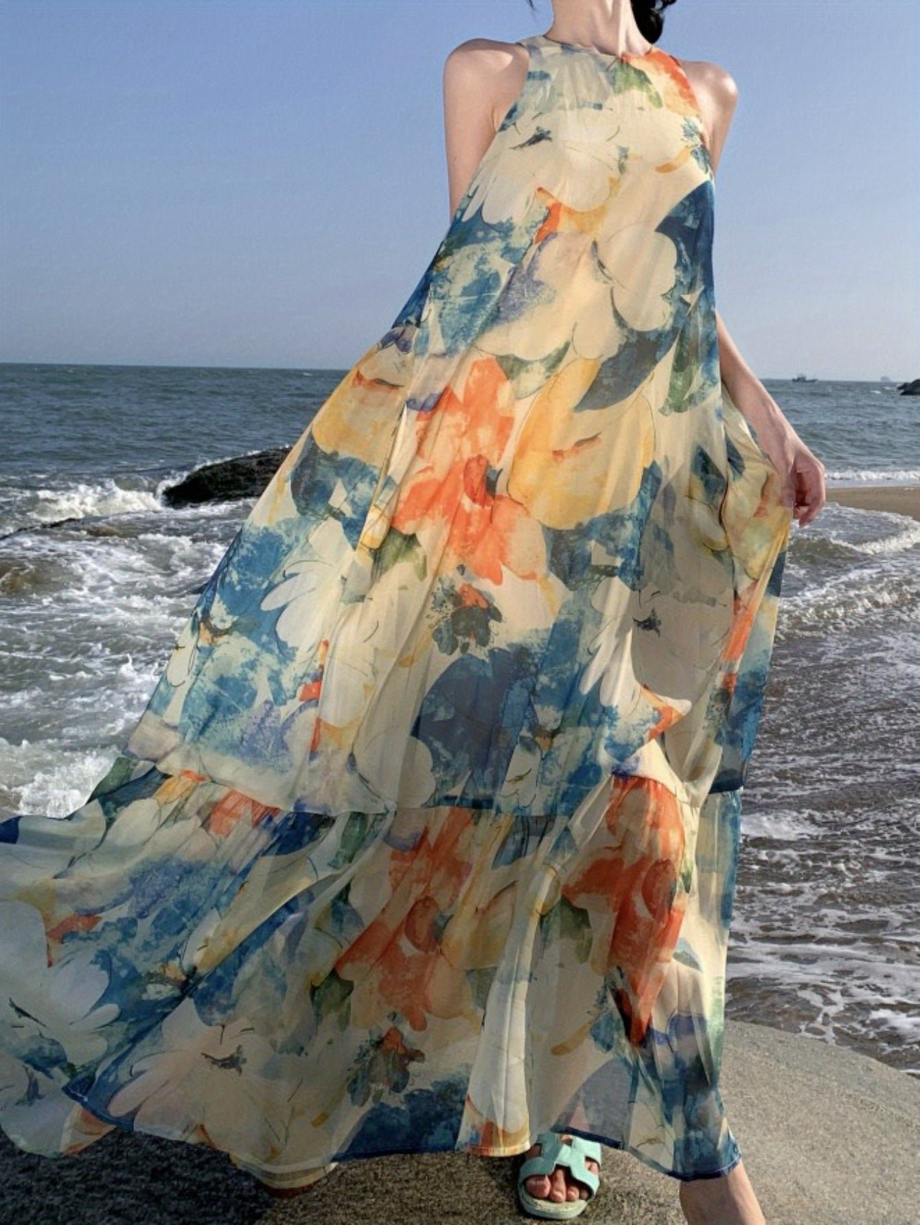 Floral Print Crew Neck Maxi Dress, Vacation Sleeveless Flared Tiered Beach Swing Dress, Women's Clothing