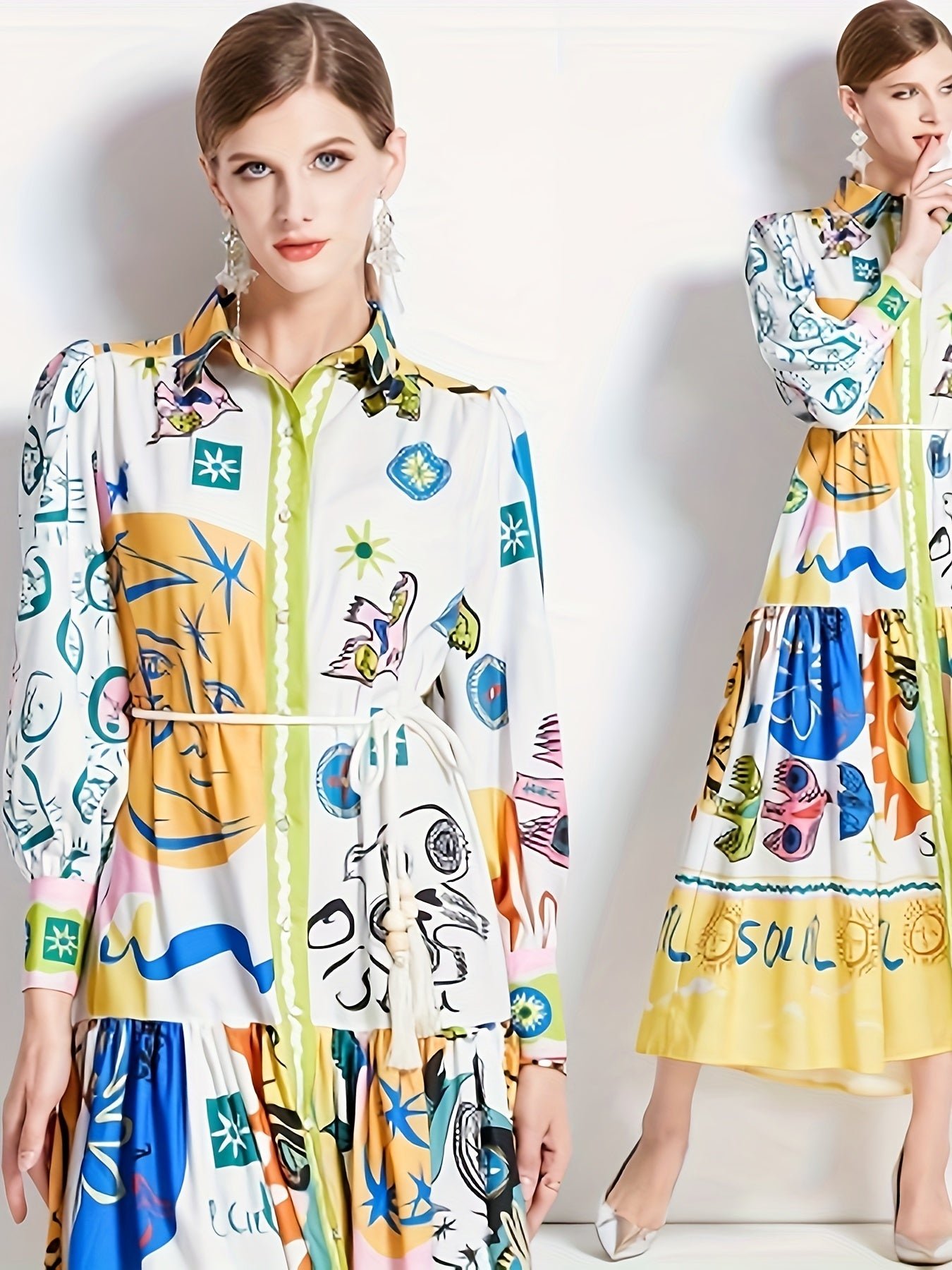 1a73151a-2547-4855-a94f-59b1be5d0a6b-1 Graphic Print Button Front Dress, Casual Long Sleeve Tie Waist Dress For Spring & Fall, Women's Clothing