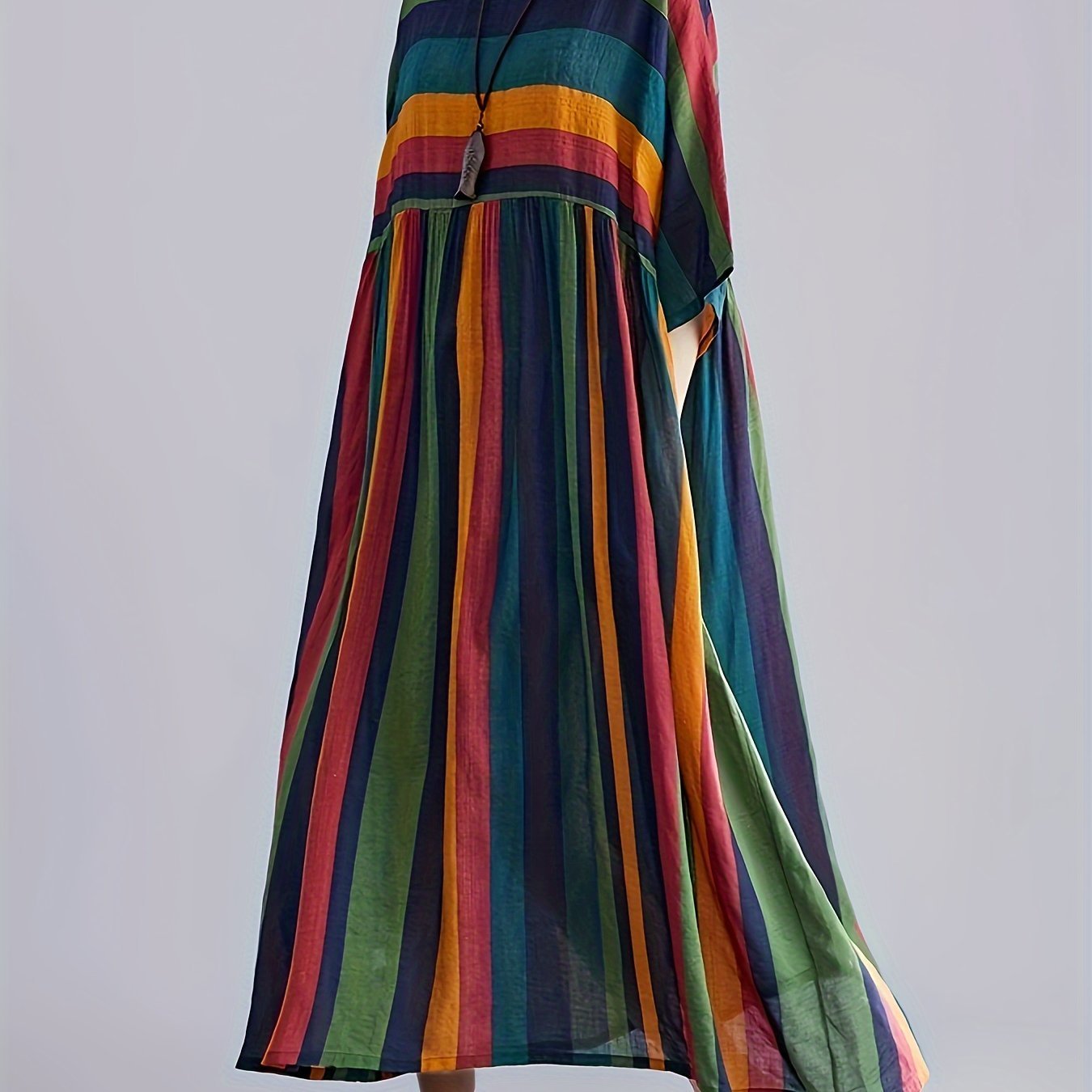 Plus Size Colorblock Stripe Print Loose Dress, Casual 3/4 Sleeve Dress For Spring & Summer, Women's Plus Size Clothing