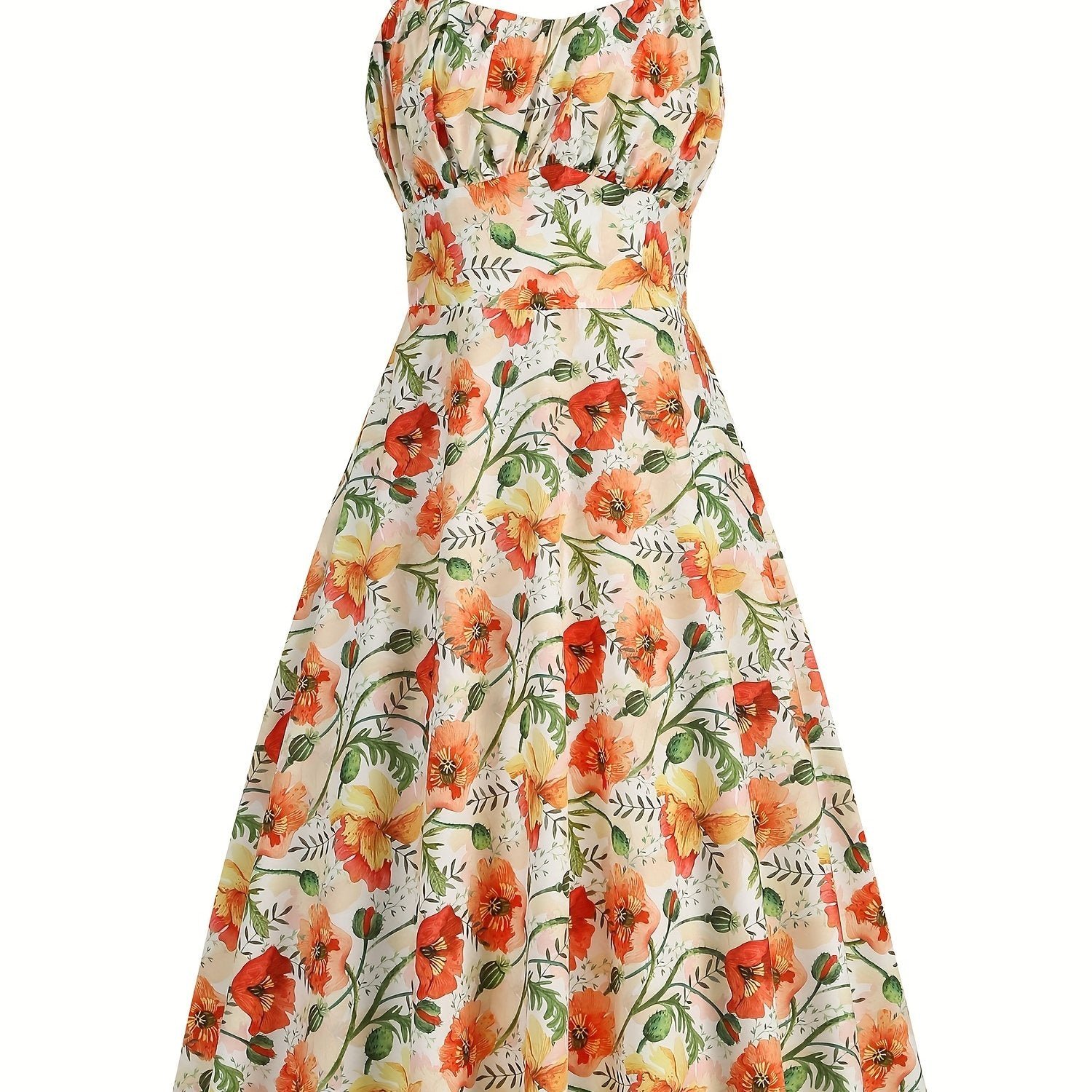 Floral Print Wide Strap Dress, Vacation Style Sleeveless Ruched Bust A-line Dress For Spring & Summer, Women's Clothing