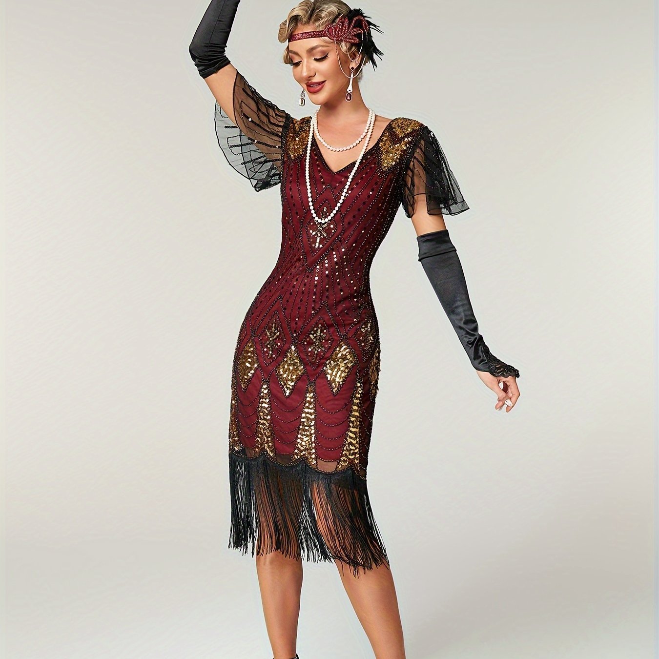 Sequin V Neck Dress, Elegant Fringe Hem Dress For Party & Club, Women's Clothing Wedding/Evening dress/Occasion/Engagement/Ceremony