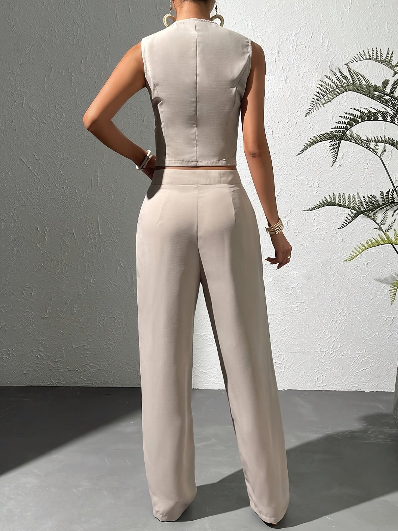 Elegant Solid Color Pants Set, Single Breasted V Neck Vest & Pocket Pants Outfits, Women's Clothing