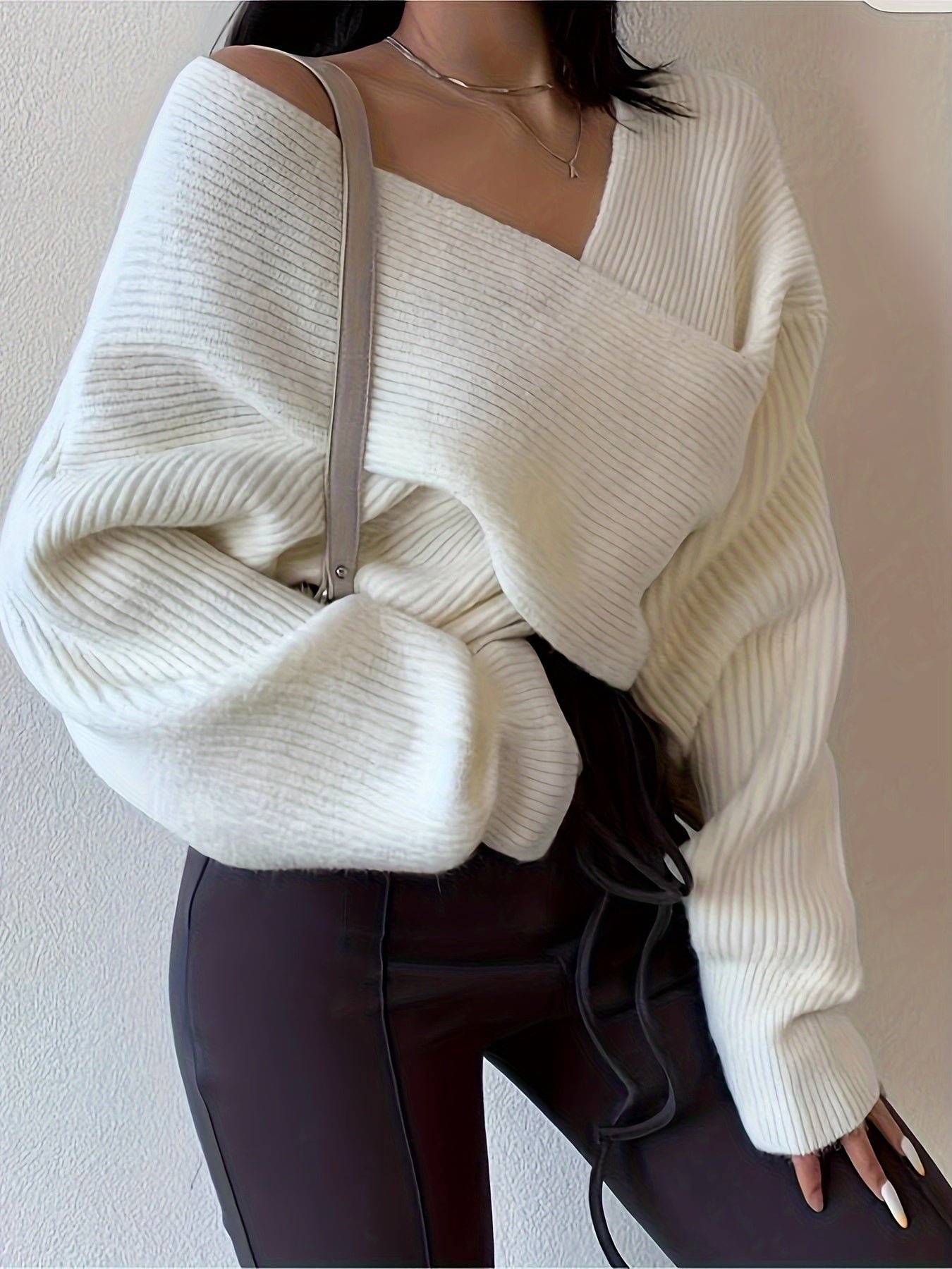 Rib-knit V Neck Loose Sweater, Elegant Long Sleeve Sweater For Fall & Winter, Women's Clothing