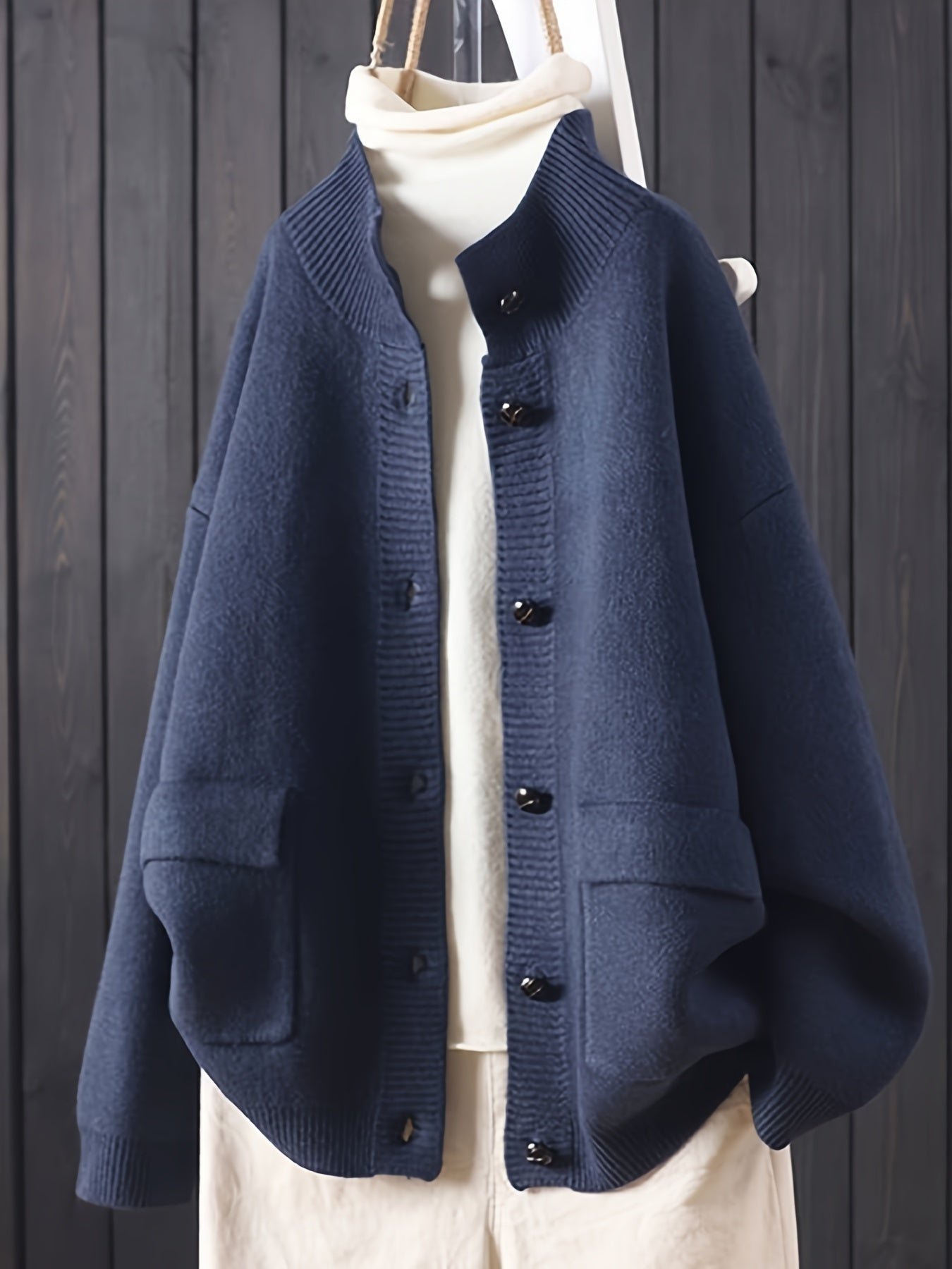 Solid Color Button Front Knitted Cardigan, Casual Long Sleeve Cardigan For Fall & Winter, Women's Clothing