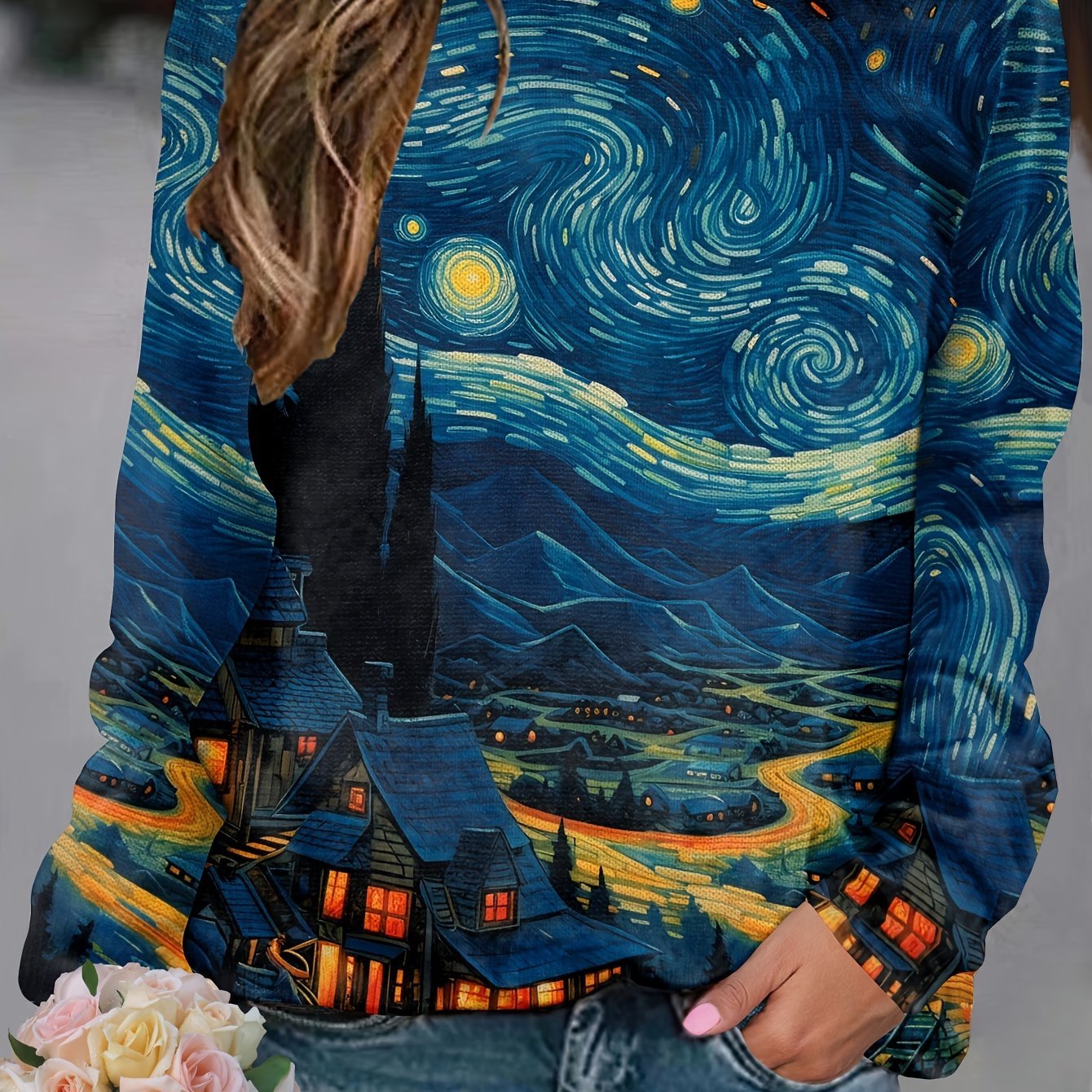 Star Moon Allover Print Knitted Pullover, Casual Long Sleeve Crew Neck Sweater, Women's Clothing