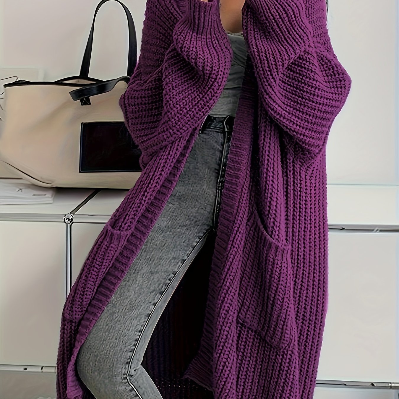 Solid Color Open Front Knitted Cardigan, Casual Long Sleeve Long Length Cardigan For Spring & Fall, Women's Clothing