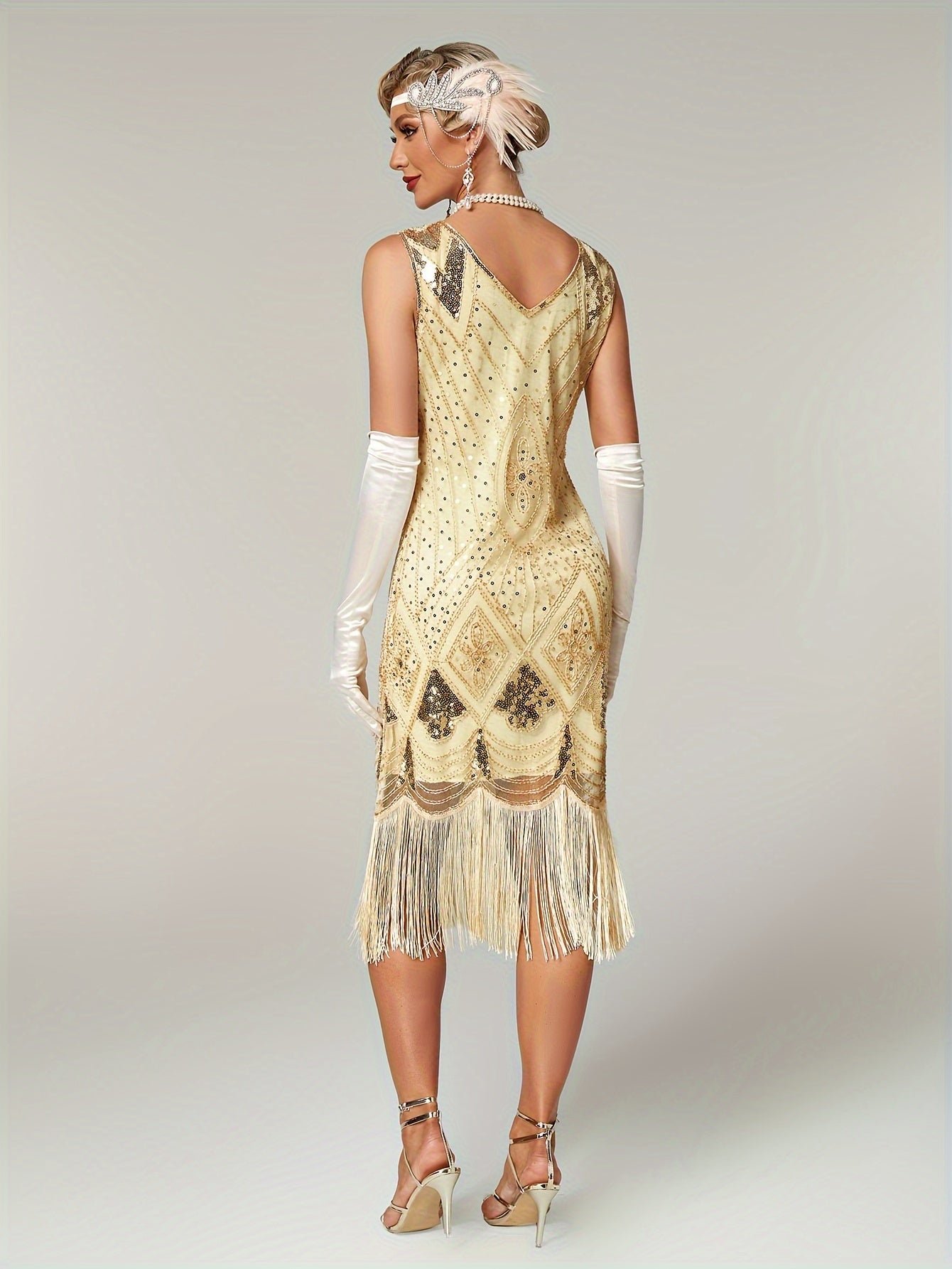 Sparkling Sequin V Neck Dress, Elegant Sleeveless Sheath Fringe Hem Dance Dress For Party & Club, Women's Clothing