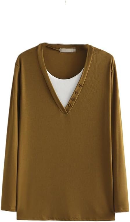 Autumn/Winter Women Fashion Plus Size Sweater Block Color O-Neck Button Knitwear Casual False Two Pieces Long Sleeve top