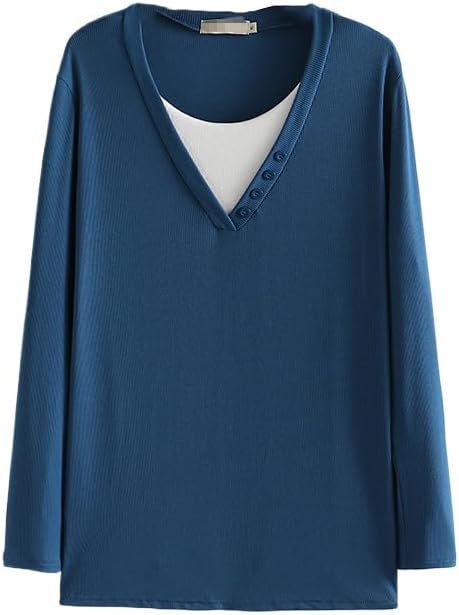 Autumn/Winter Women Fashion Plus Size Sweater Block Color O-Neck Button Knitwear Casual False Two Pieces Long Sleeve top