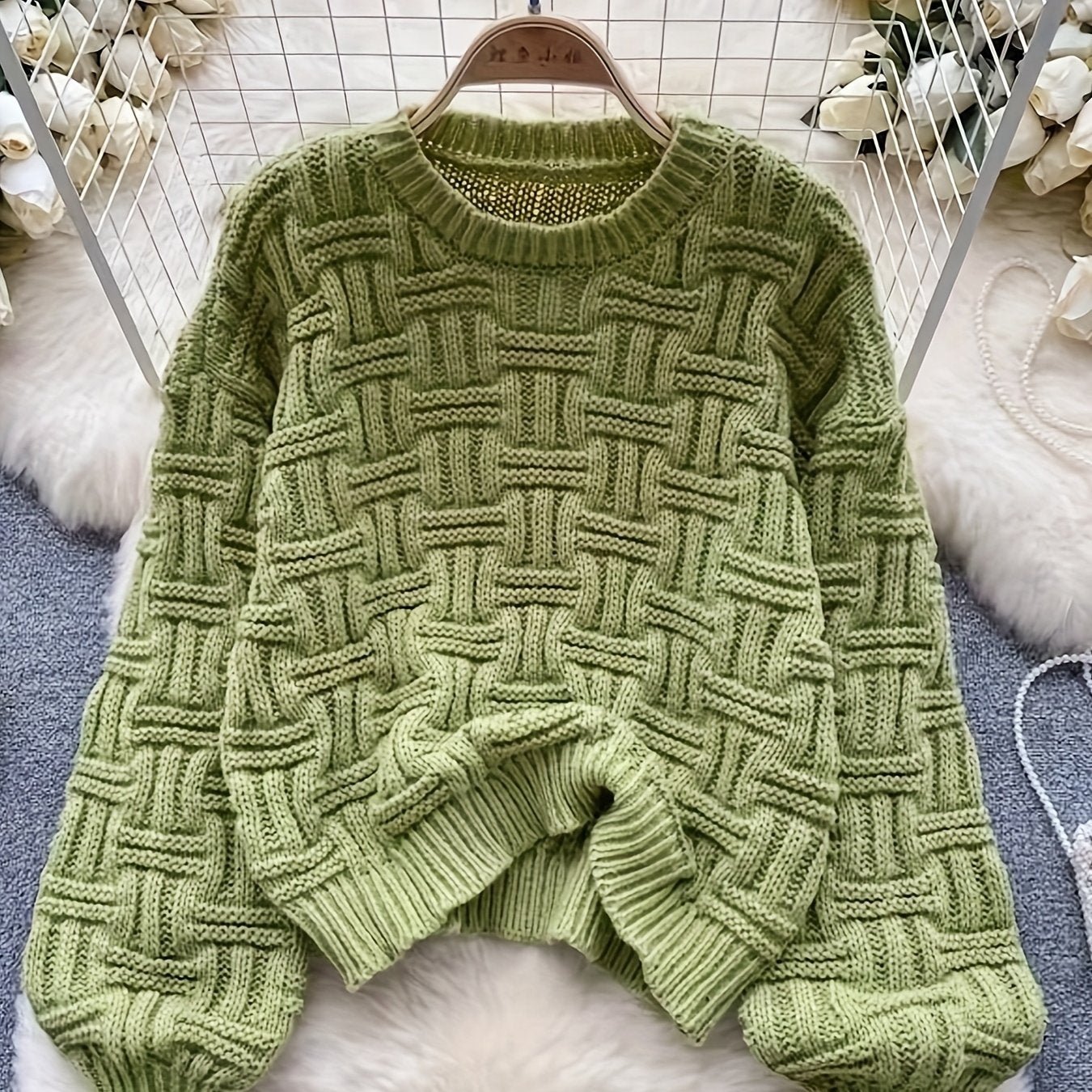 Solid Crew Neck Pullover Sweater, Casual Long Sleeve Loose Sweater For Fall & Winter, Women's Clothing