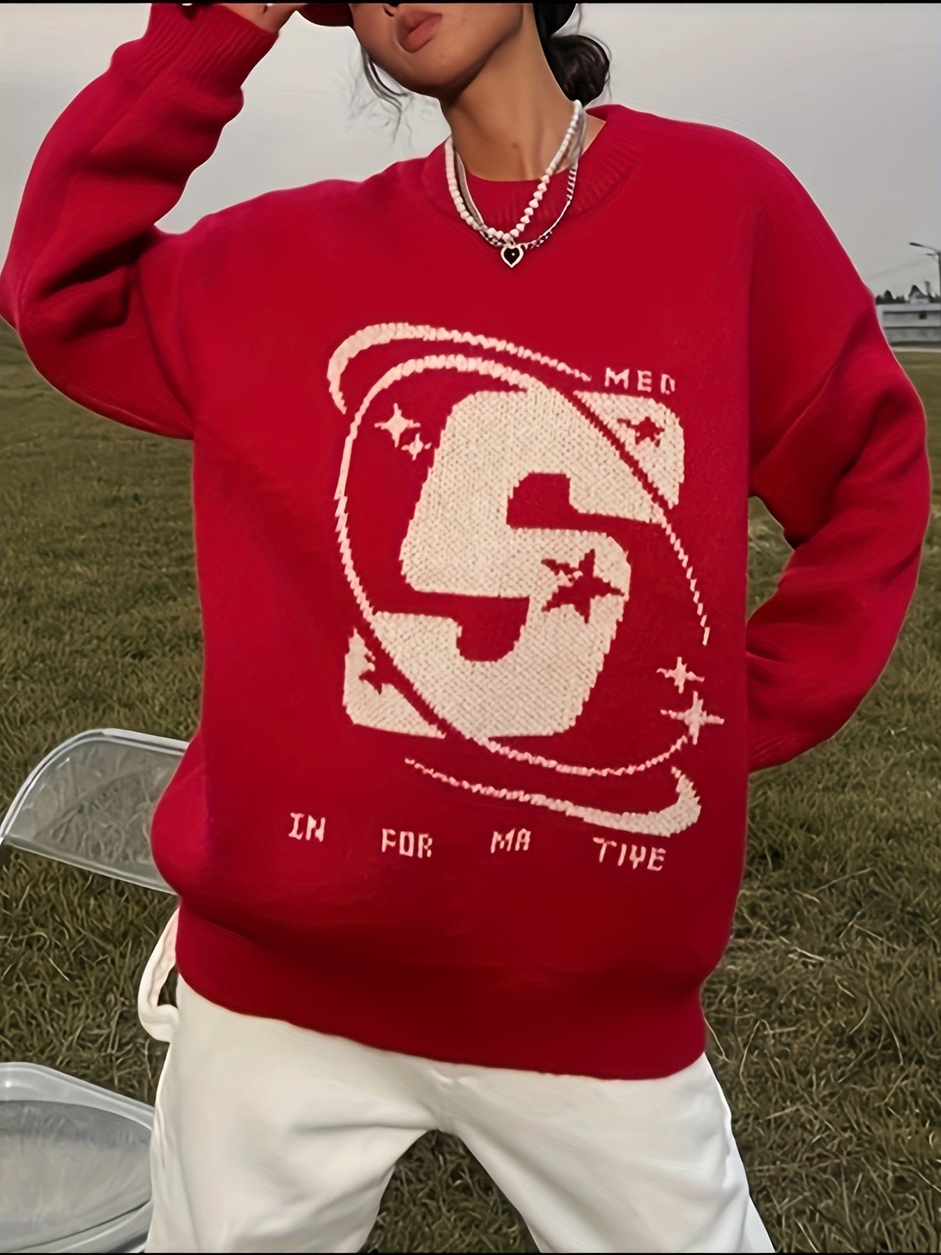 Letter Pattern Crew Neck Pullover Sweater, Casual Long Sleeve Sweater For Fall & Winter, Women's Clothing