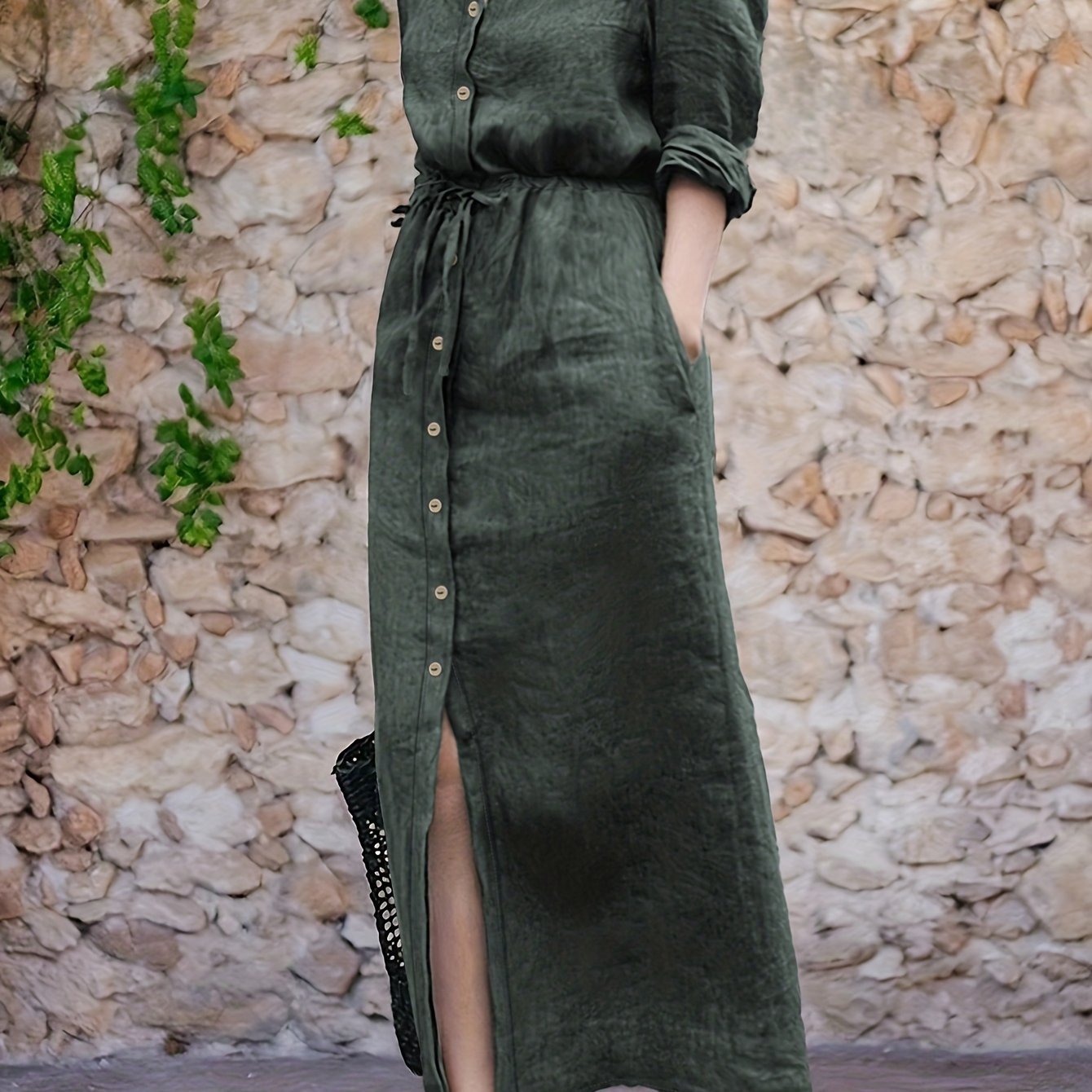 Button Front Tie Waist Dress, Elegant Solid Color Pocket Collared Dress For Spring & Fall, Women's Clothing