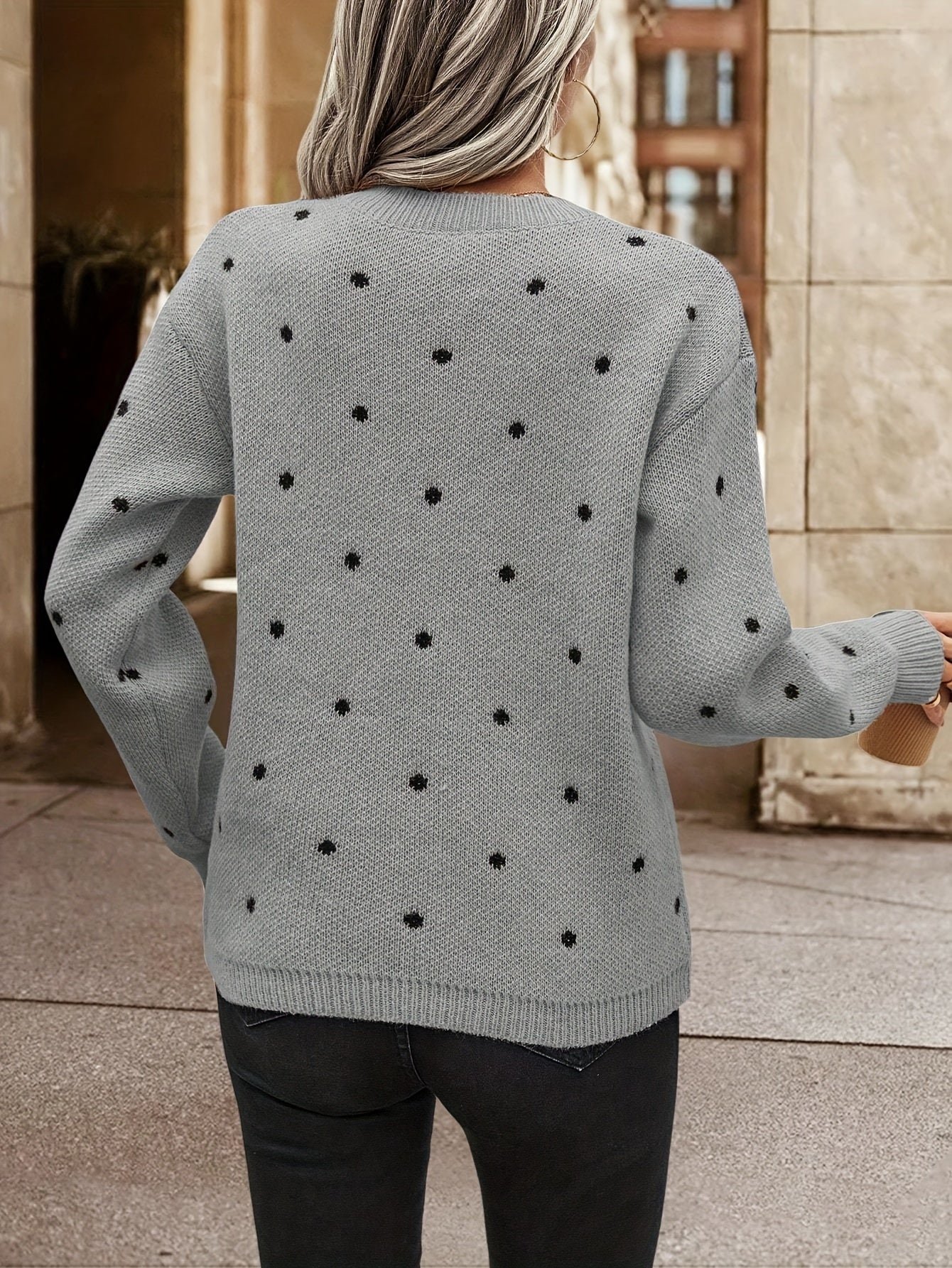Polka Dot Pattern Knit Sweater, Casual Long Sleeve Crew Neck Sweater, Women's Clothing