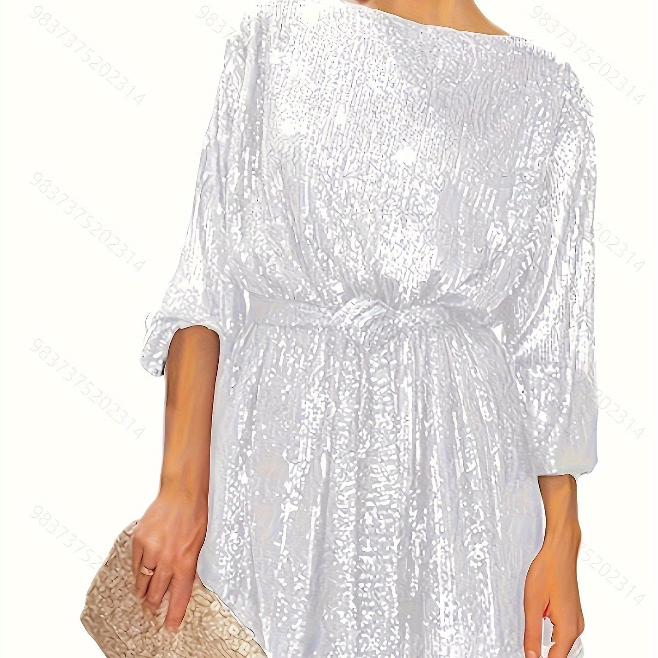 Sequined Tie Waist Dress, Elegant Solid Dress For Club & Party, Women's Clothing