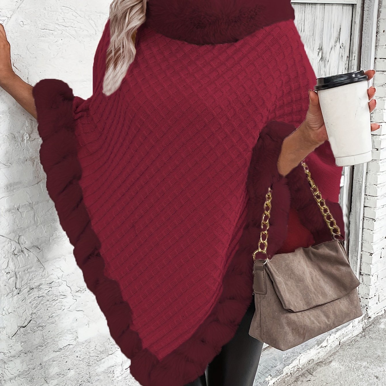 Fur-Trim Hanky Hem Pullover Sweater, Elegant Long Sleeve Turtle Neck Sweater For Winter, Women's Clothing