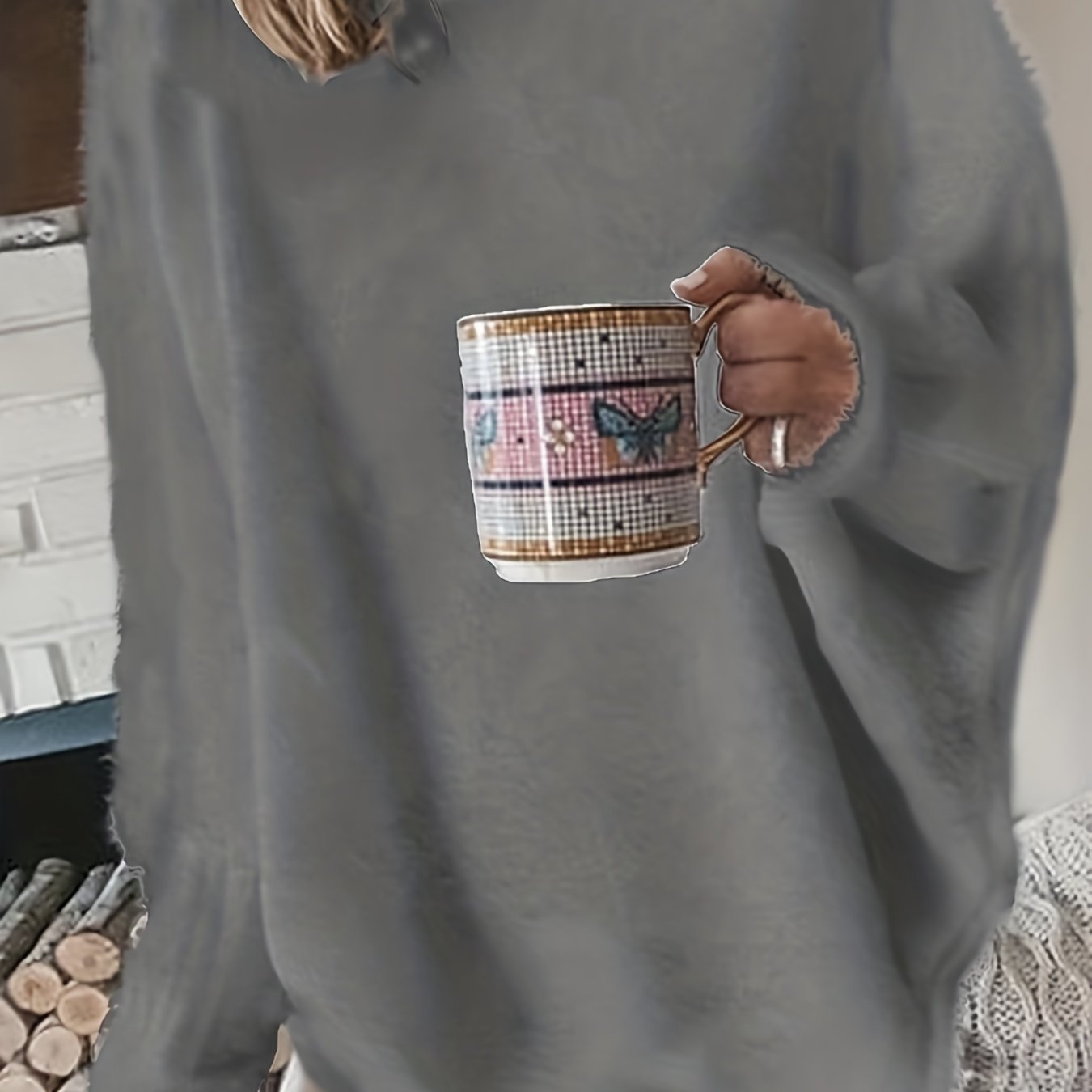 Plus Size Casual Sweater, Women's Plus Solid Fluffy Round Neck Long Sleeve Sweater