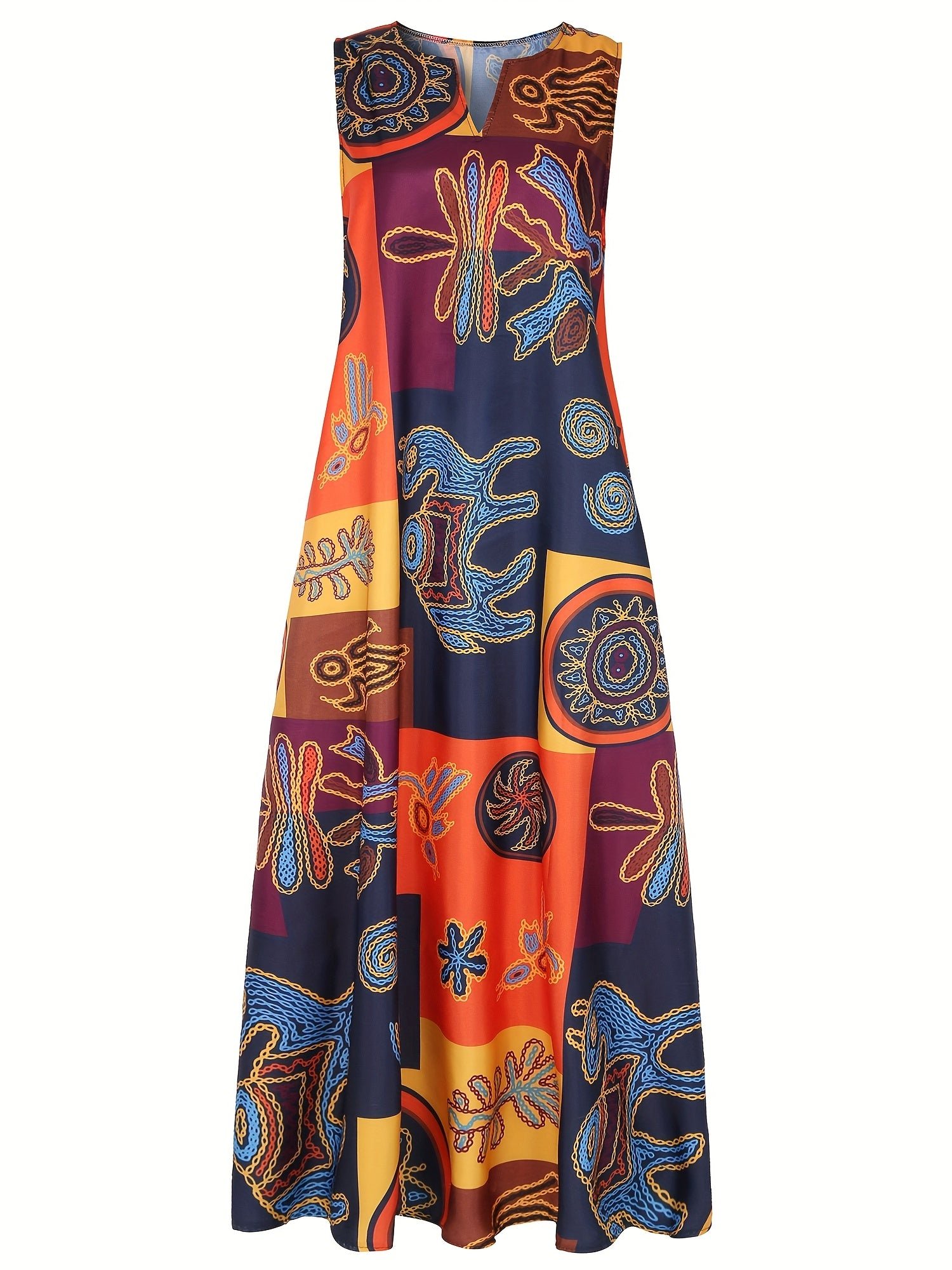 Ethnic Print V Neck Dress, Vintage Sleeveless Summer Maxi Dress With Pockets, Women's Clothing