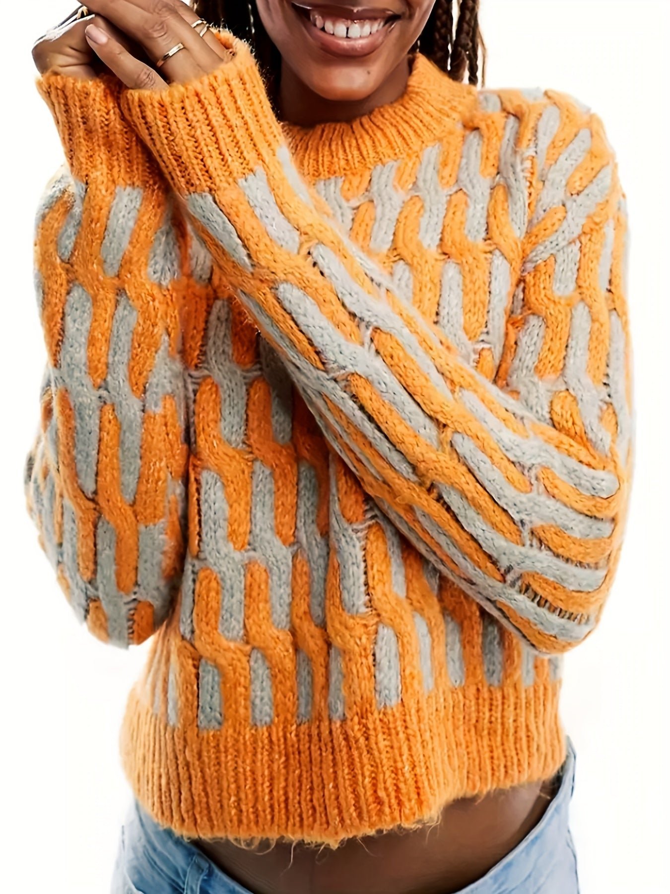 515d2f03-2e15-435b-b22b-34c019896ea8-1 Color Block Long Sleeve Sweater, Casual Crew Neck Pullover Sweater For Winter & Fall, Women's Clothing