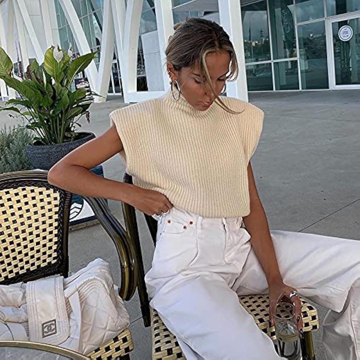 Women's Sleeveless Turtleneck Sweater Vest Shoulder Pad Knitted Tank Top Casual Solid Pullover Tops Knitwear