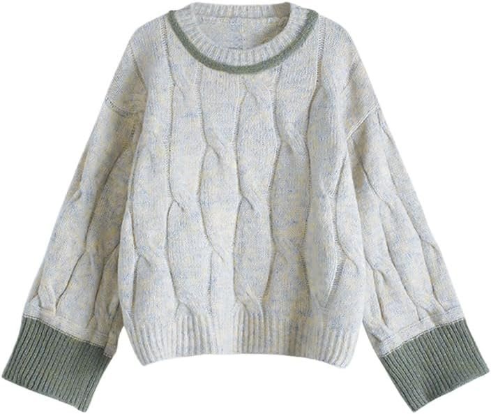 Women Autumn/Winter Korean Fashion Vintage O-Neck Jumper Long Sleeve Thick Knitwear Contrast Color Warm Cozy Sweater