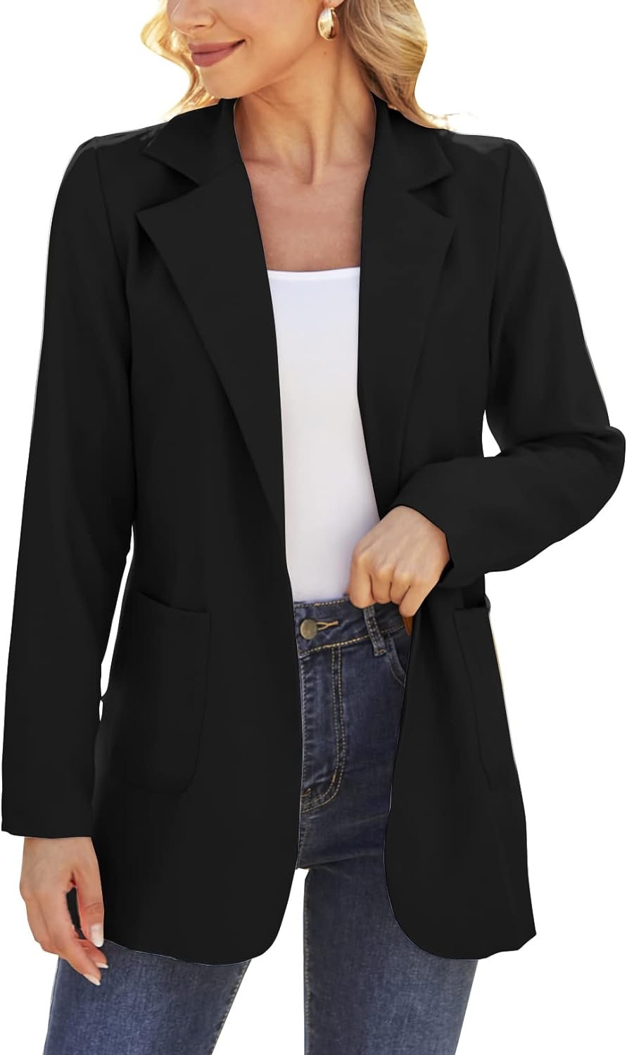 51miaZFpE2L._AC_SL1500-1 Women Open Front Blazers Long Sleeve Casual OL Office Slim Buttonless Suit Jacket with Pockets