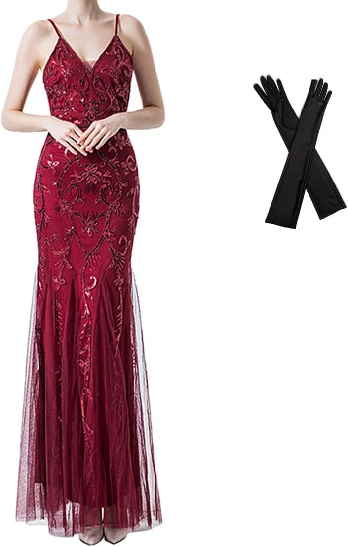 Women Evening Dress 1920s Flapper Cocktail Mermaid Plus Size Formal Gown with Long Gloves