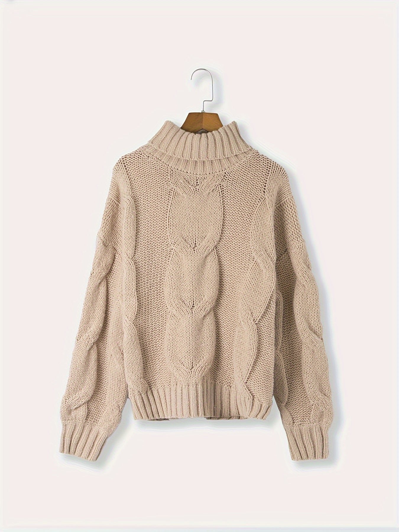 Twist Pattern Turtle Neck Pullover Sweater, Casual Lantern Sleeve Loose Sweater For Fall & Winter, Women's Clothing