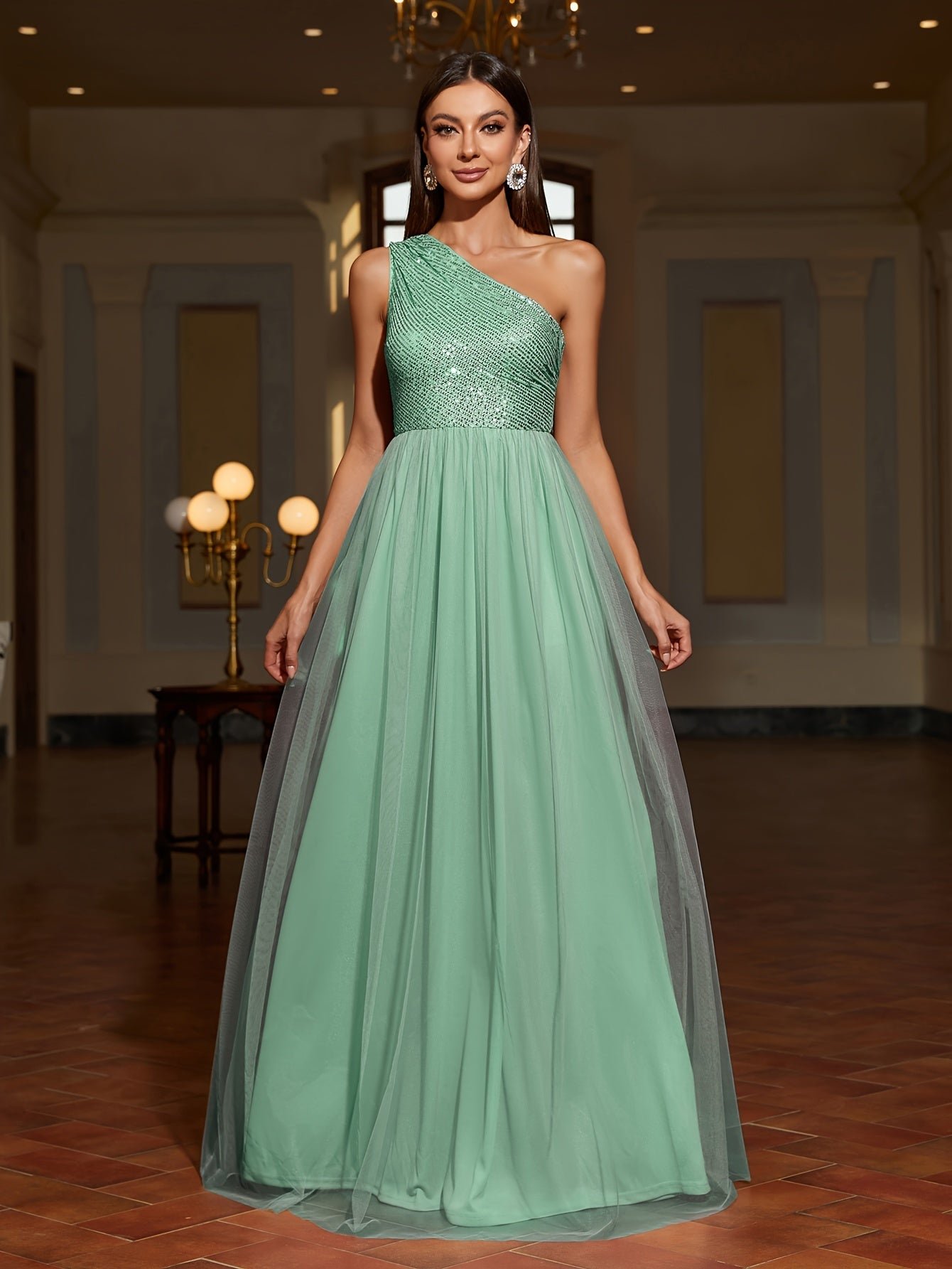 Sequin One Shoulder Contrast Mesh Dress, Elegant Sleeveless Floor Length Formal Dress For Party & Banquet, Women's Clothing For Party Dressing