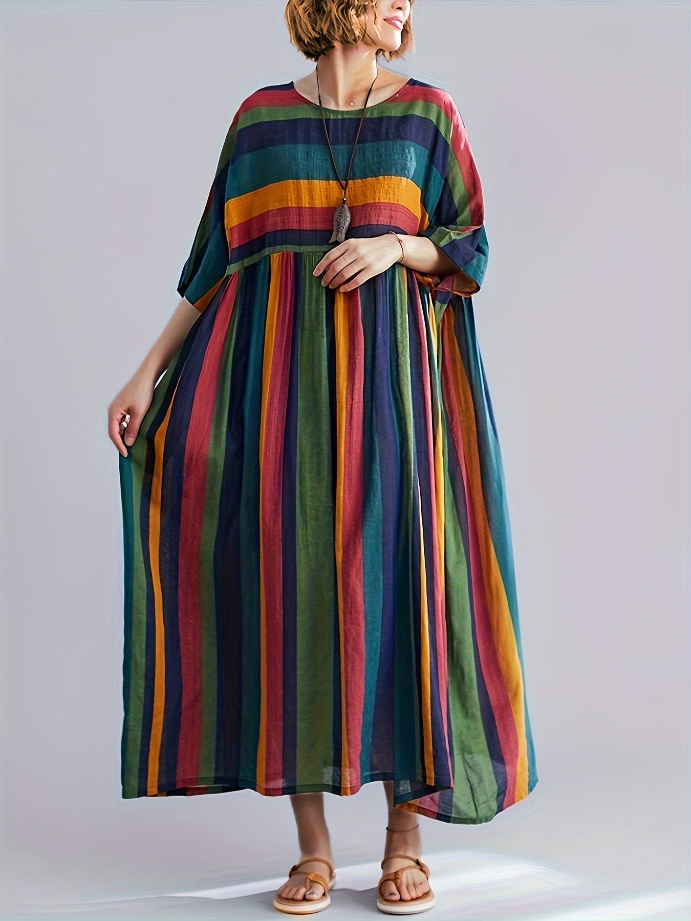 Plus Size Colorblock Stripe Print Loose Dress, Casual 3/4 Sleeve Dress For Spring & Summer, Women's Plus Size Clothing