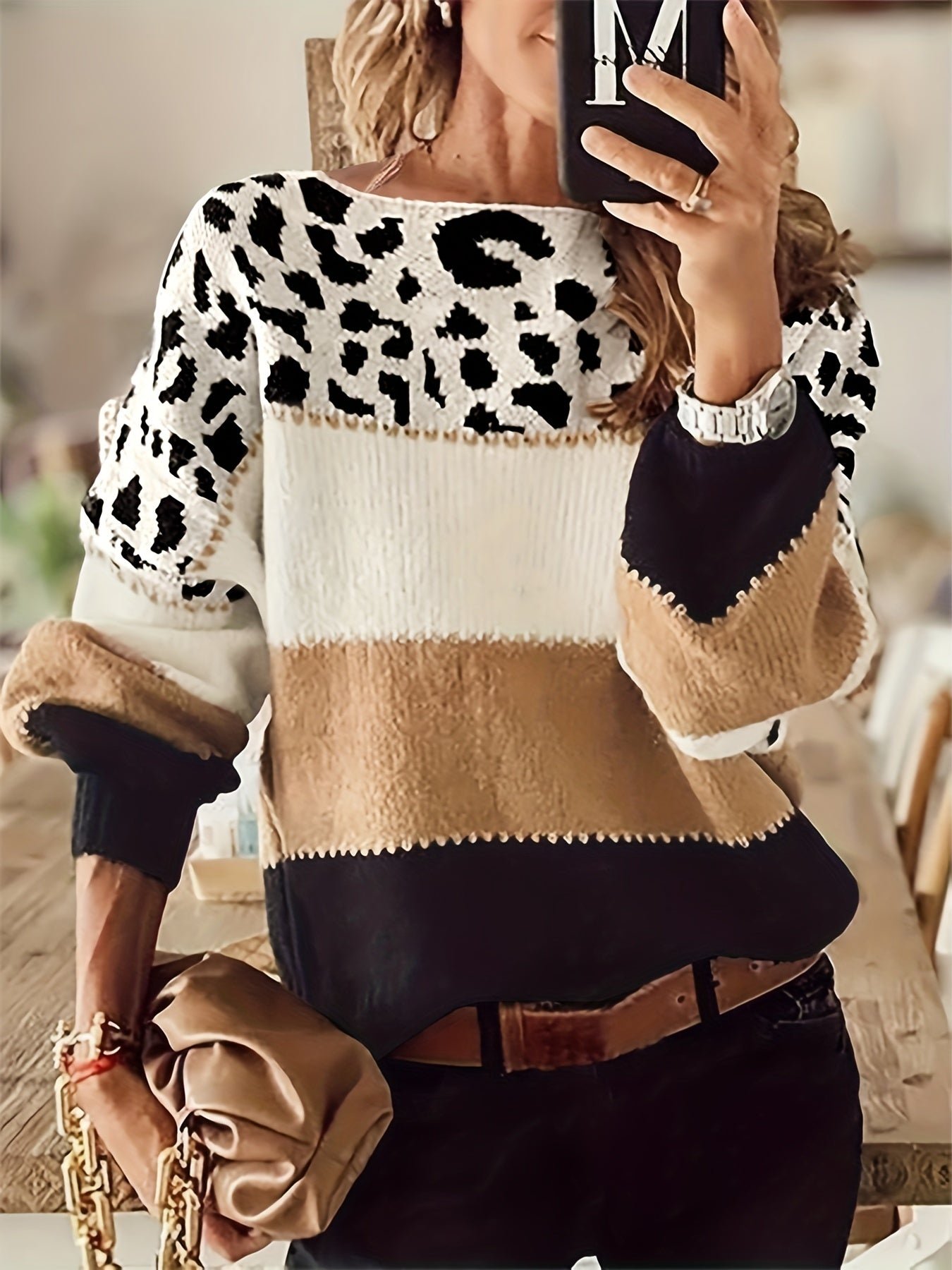 Stylish Color Block Leopard Print Sweater, Crew Neck Long Sleeve Sweater, Casual Tops For Fall & Winter, Women's Clothing