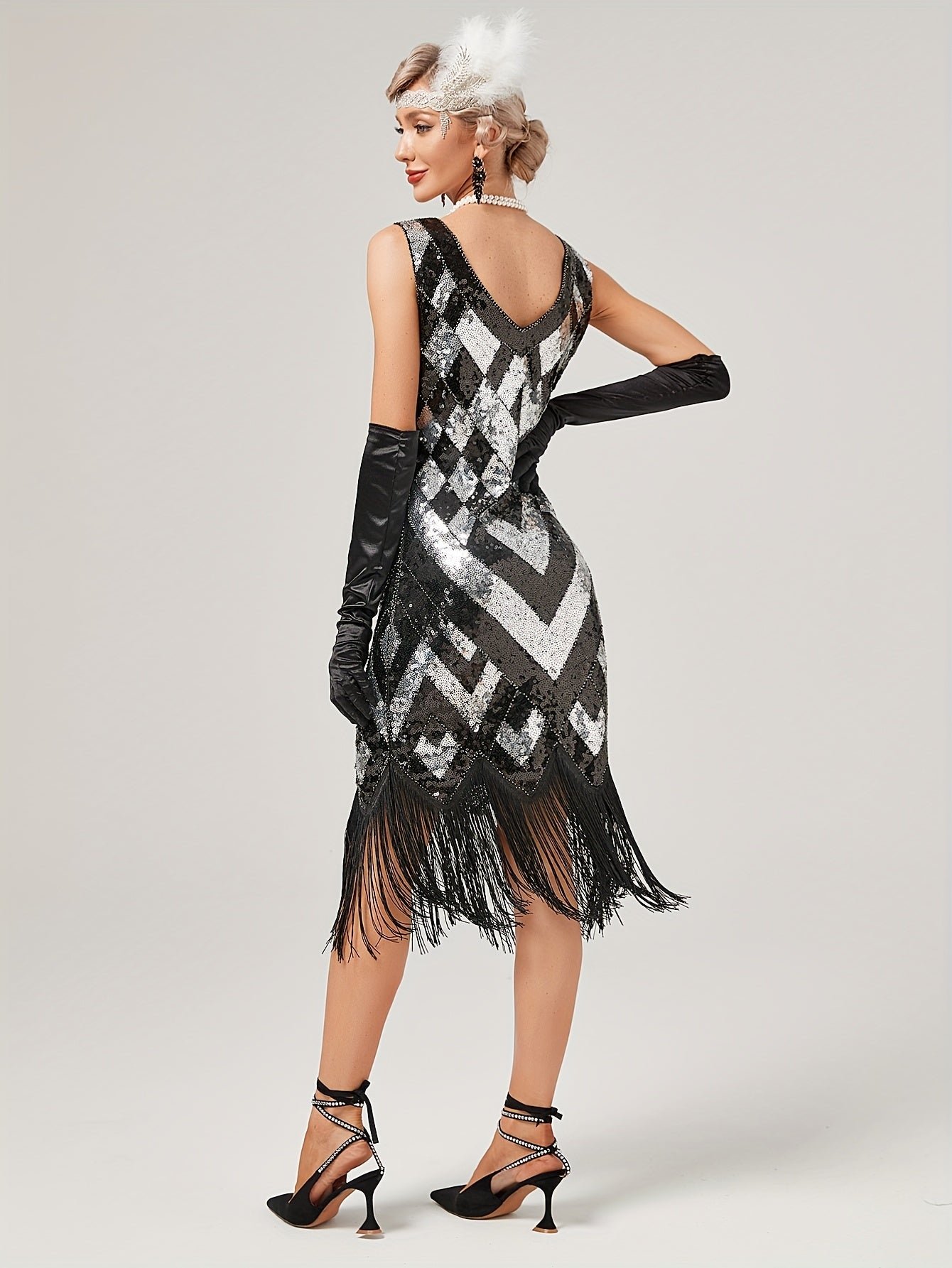 Sequined Tassel Hem Dress, Vintage Plunging Neck Sleeveless Backless Sheath Dress, Women's Clothing