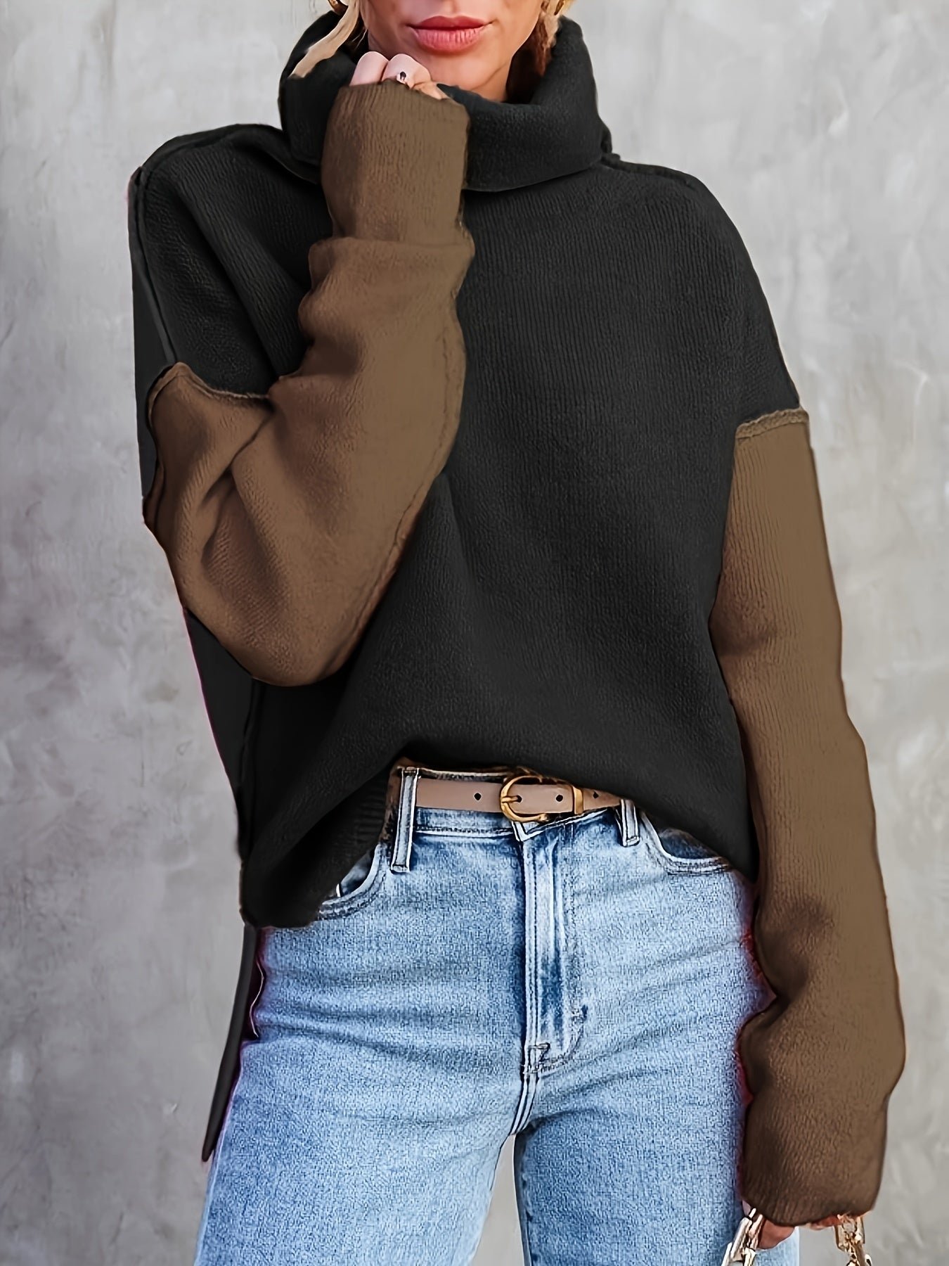 59e6decae90a851884c9ede12093b96a-1 Color Block Turtle Neck Pullover Sweater, Casual Long Sleeve Split Side Sweater For Fall & Winter, Women's Clothing