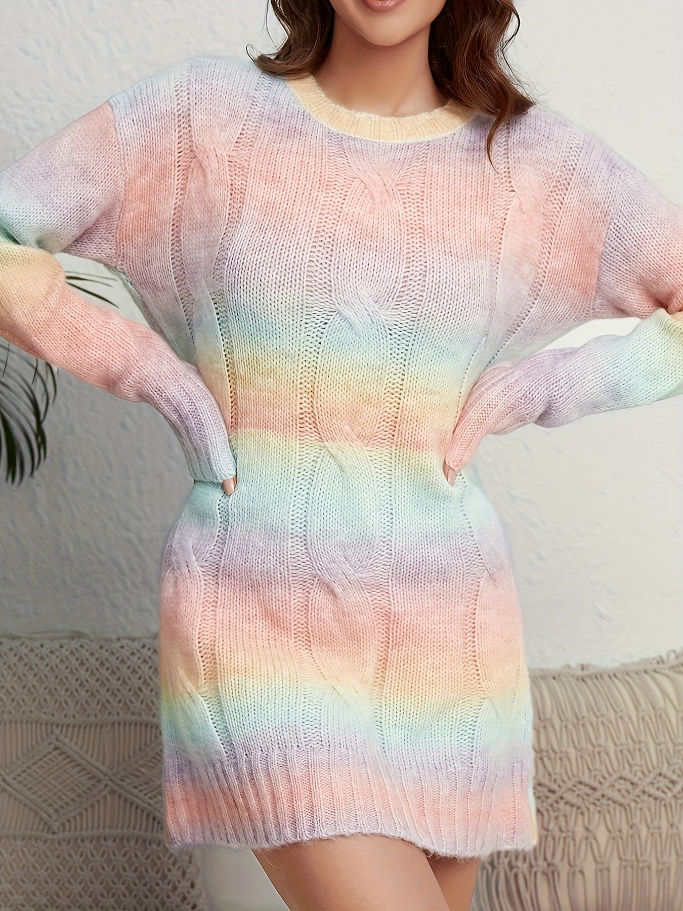 Gradient Color Cable Knit Sweater, Casual Long Sleeve Top For Fall & Winter, Women's Clothing