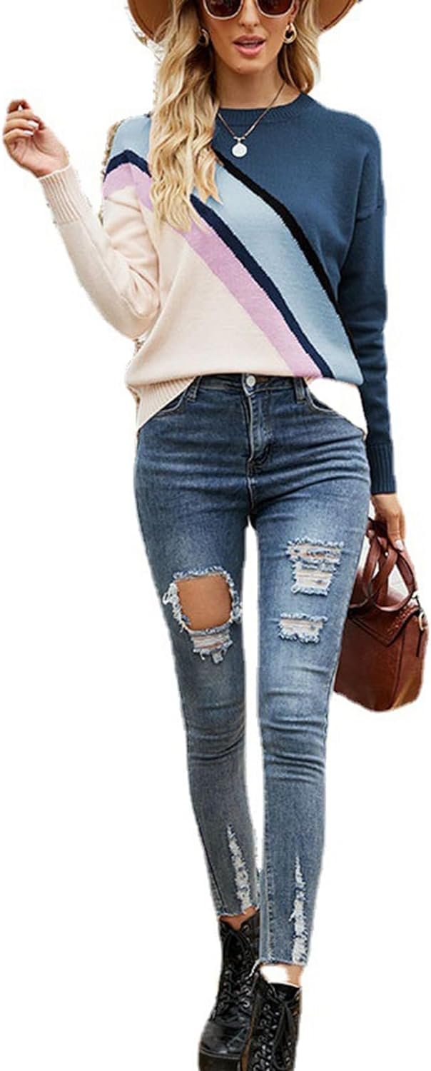 Women Crewneck Knitwear Fashion Colorblock Casual Sweater Loose Fit Pullover Knitwear Warm Soft Fabric Long Sleeve Sweater (Blue)