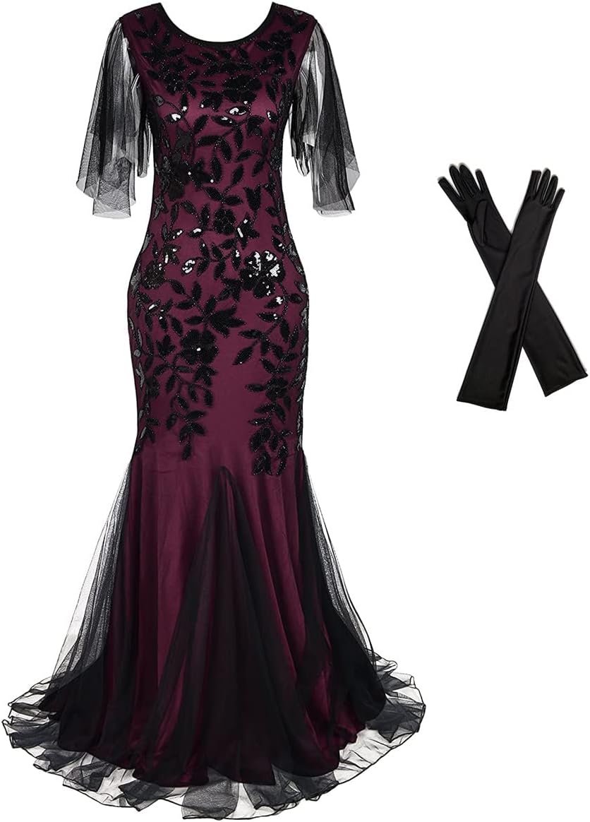 Women Evening Dress 1920s Flapper Cocktail Mermaid Plus Size Formal Gown with Long Gloves